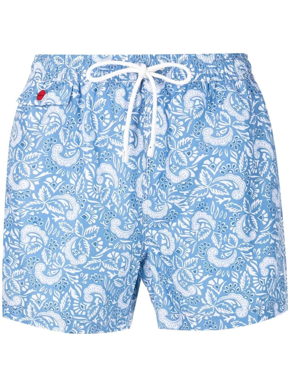 Kiton Light Blue Swim Shorts With White Floral Paisley Print