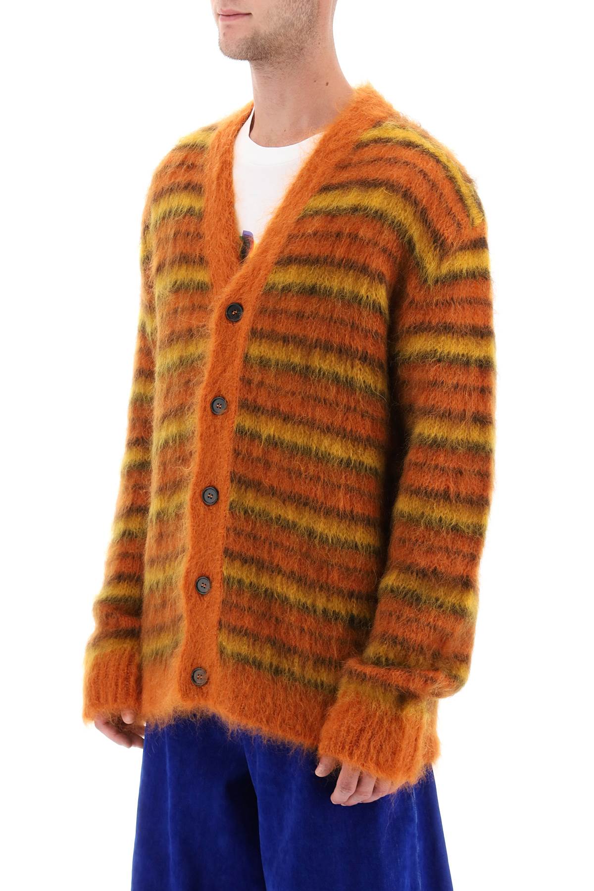 Shop Marni Cardigan In Striped Brushed Mohair In Lobster (orange)