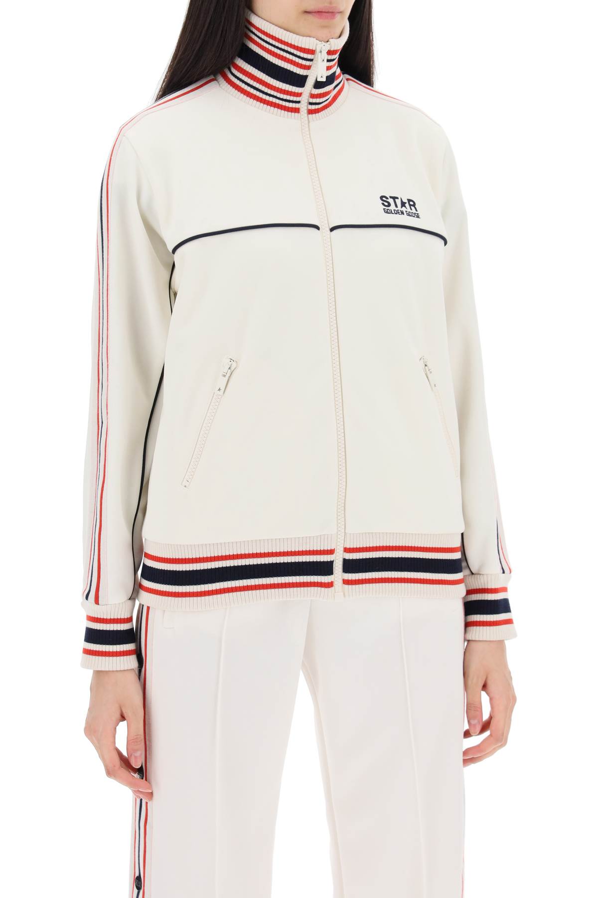 Shop Golden Goose Track Sweatshirt With Contrasting Hem Edges In Papyrus Dark Blue (white)