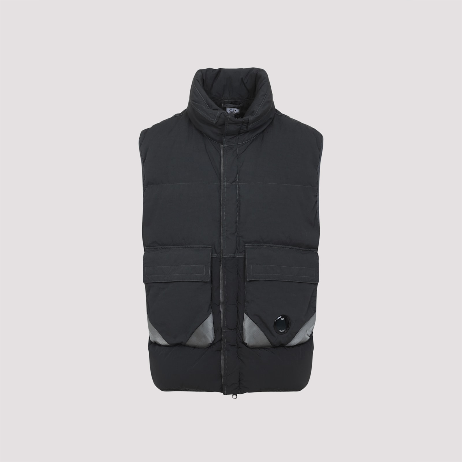 C.p. Company Black Vest With Mock Drawstring Neck And Logo Plaque On The Front In Black