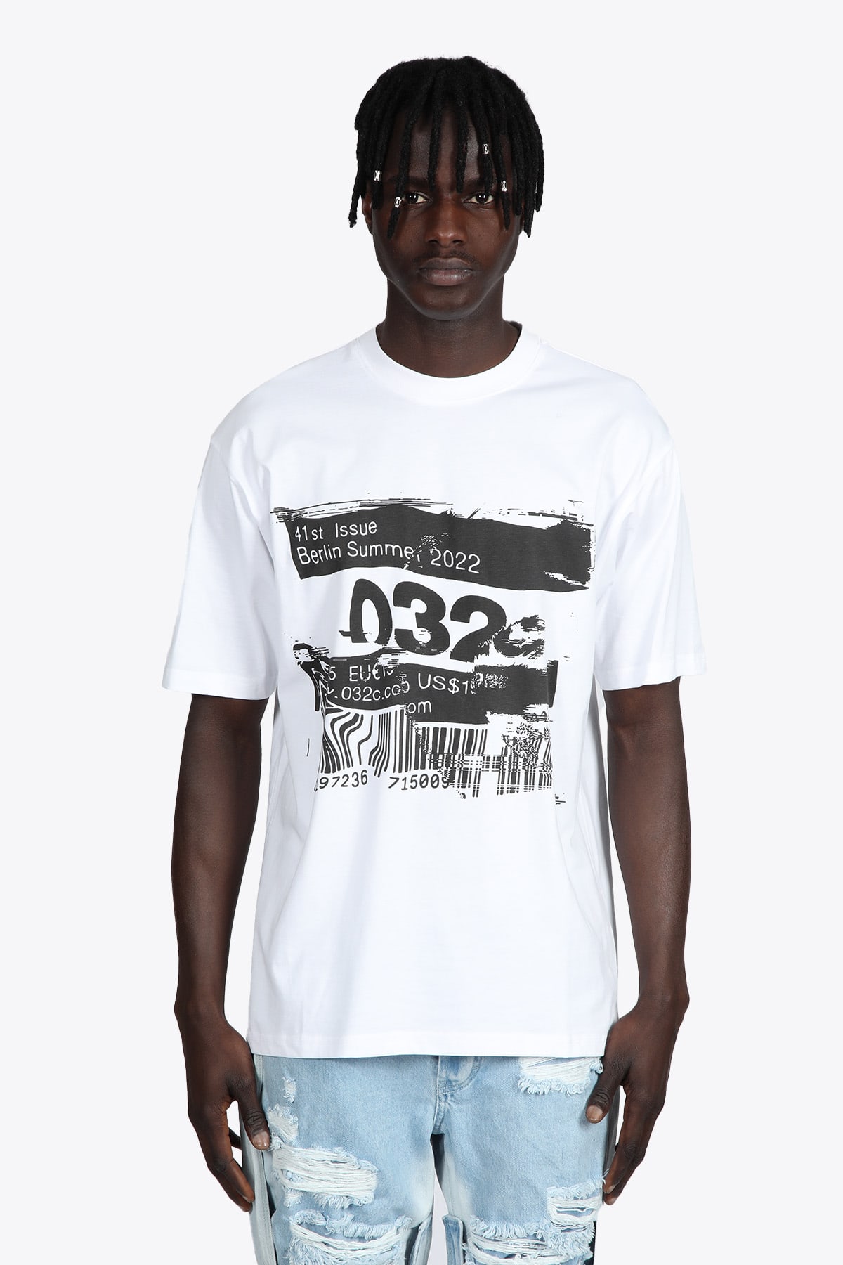 032C BARCODE GLITCH TEE WHITE COTTON T-SHIRT WITH BARCODE GRAPHIC PRINT - BARCODE GLITCH TEE