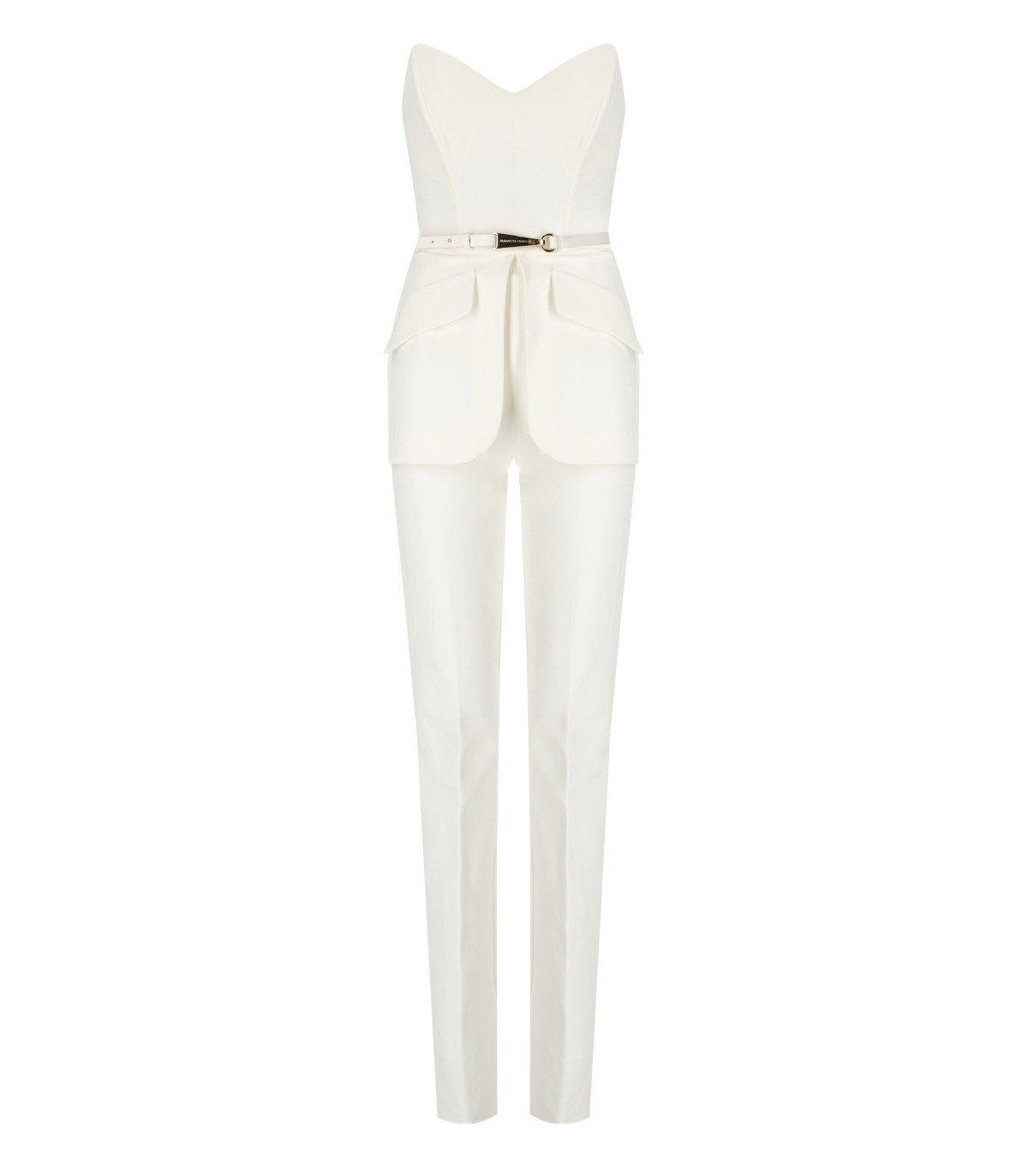 Shop Elisabetta Franchi Strapless Belted Jumpsuit In Avorio