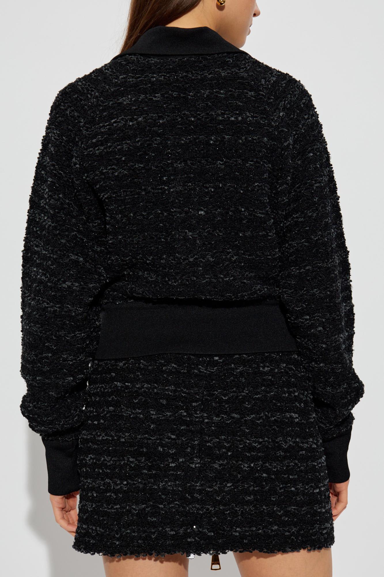Balmain Textured Fabric Short Jacket With High Collar In Black