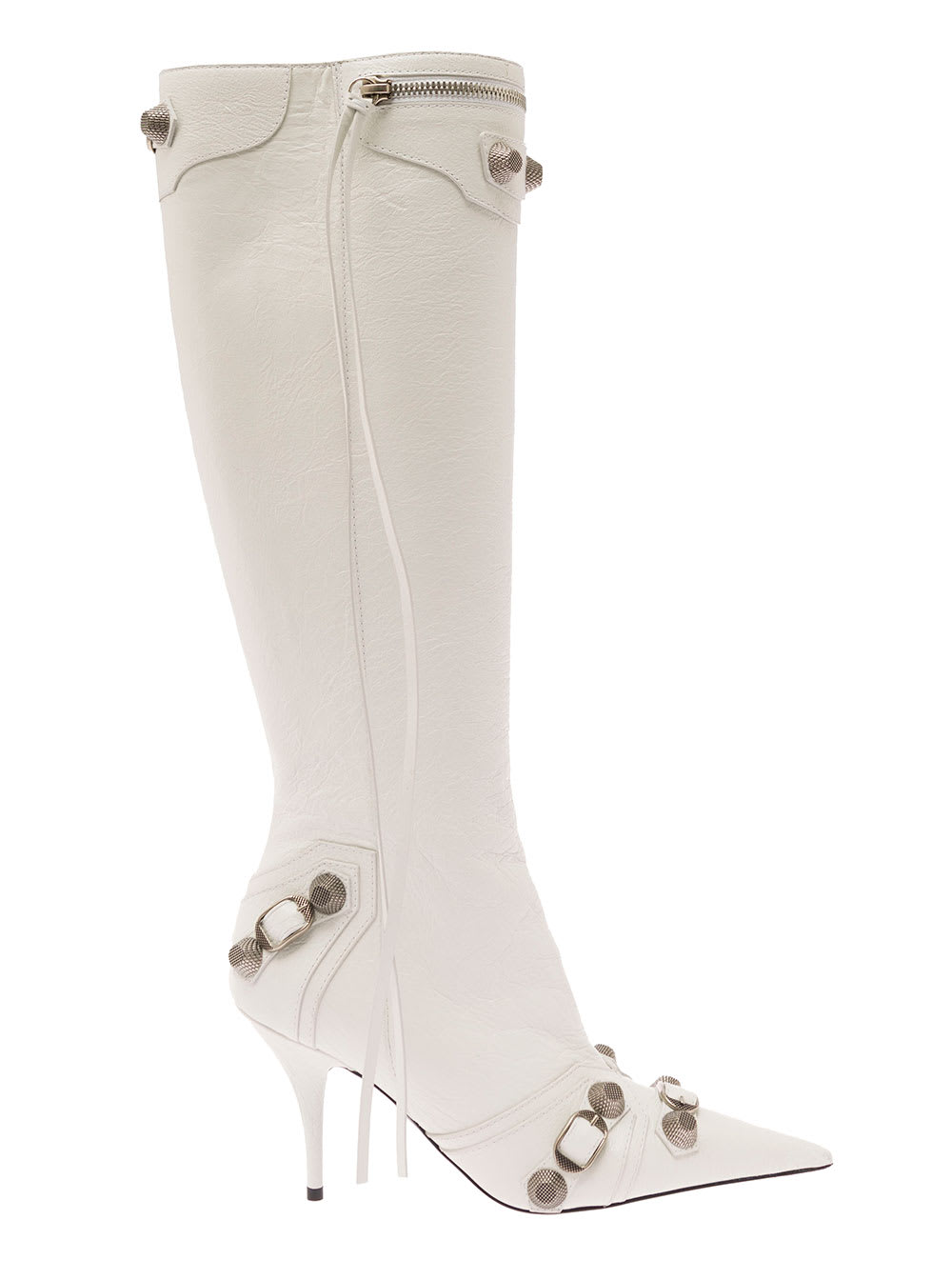 Shop Balenciaga Cagole White Pointed High-boots With Studs And Buckles In Leather Woman