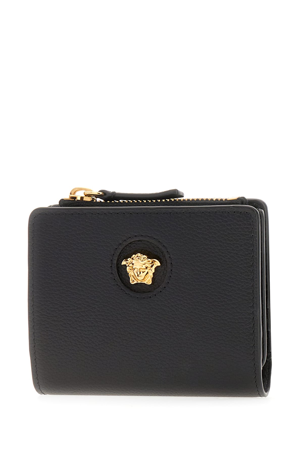 Versace Compact Leather Wallet With Gold Hardware In Black Gold