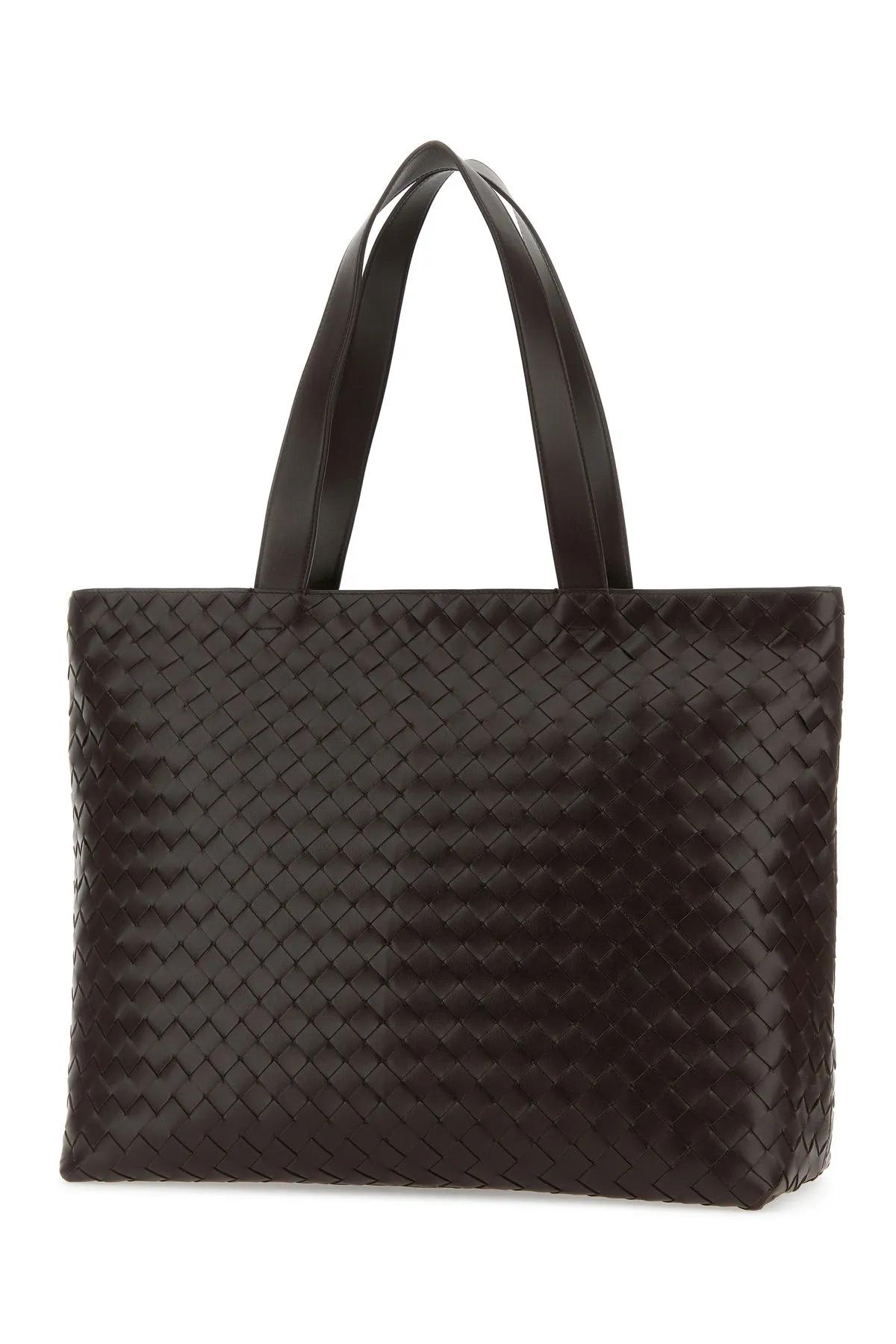 Shop Bottega Veneta Dark Brown Leather Intrecciato Shopping Bag In Fondant/silver