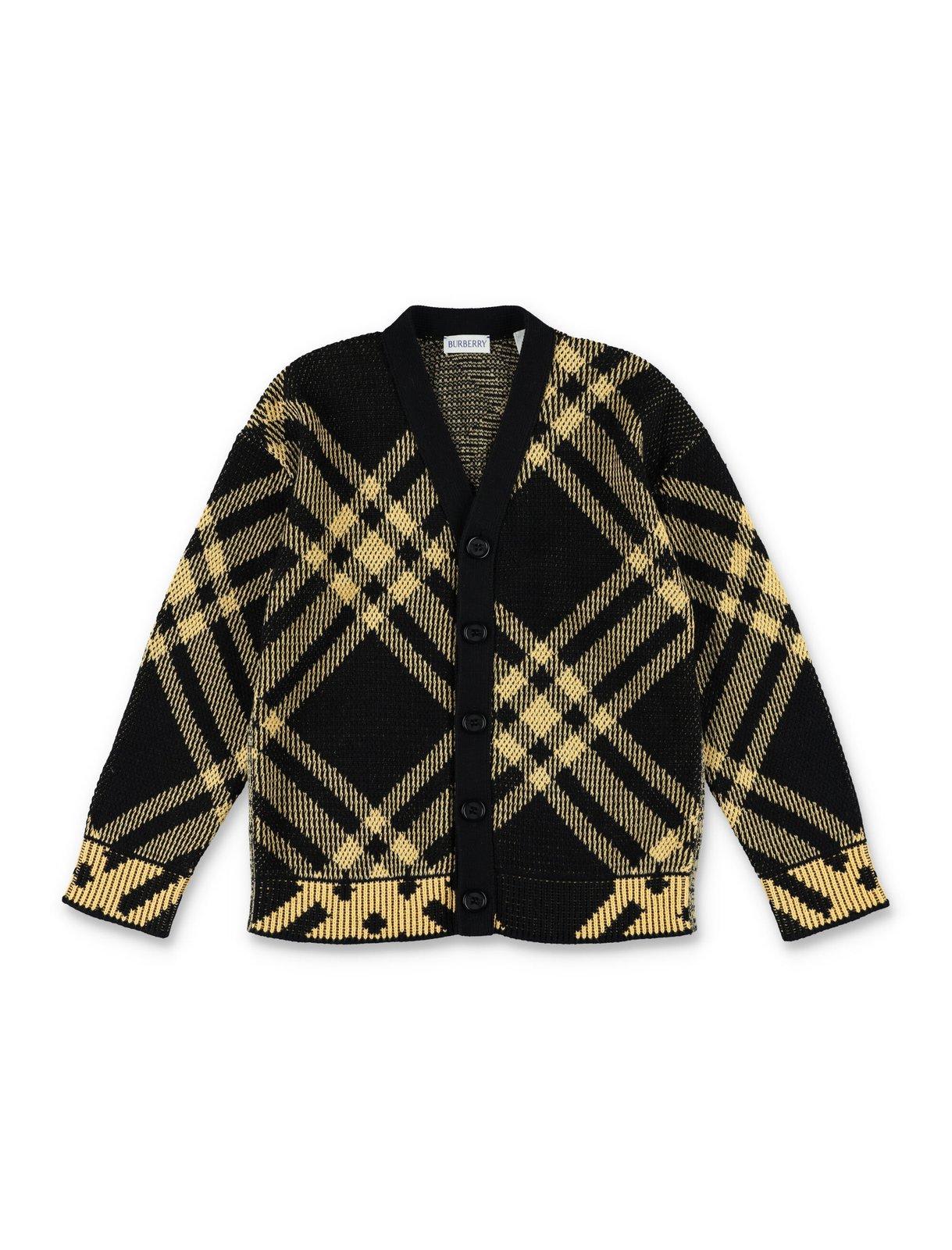 Shop Burberry Check-pattern V-neck Buttoned Cardigan In Yellow