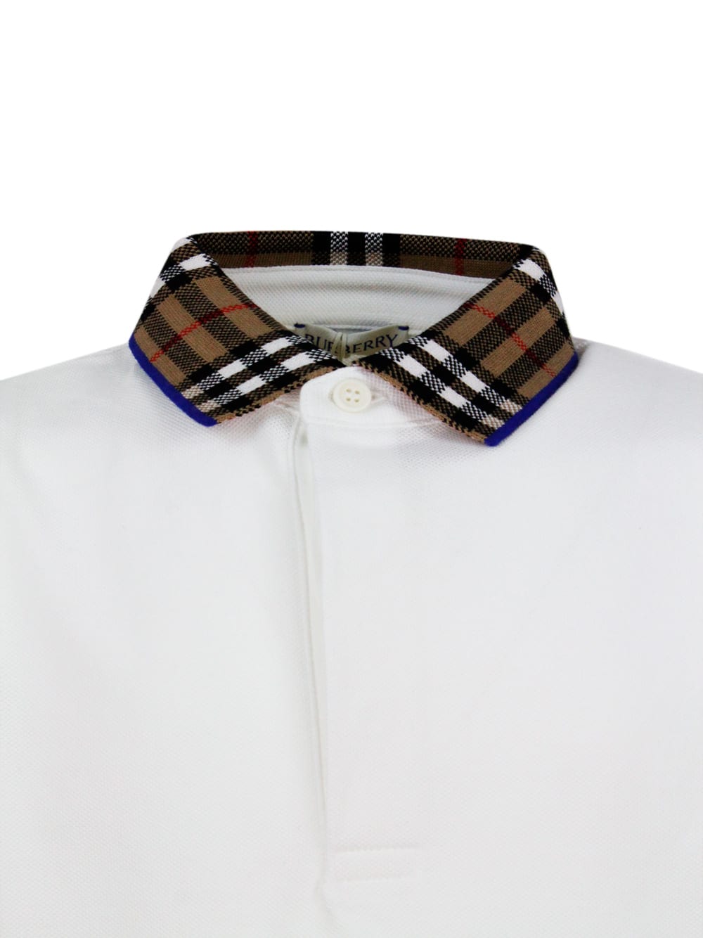 Burberry Piqué Cotton Polo Shirt With Check Collar And Button Closure In White