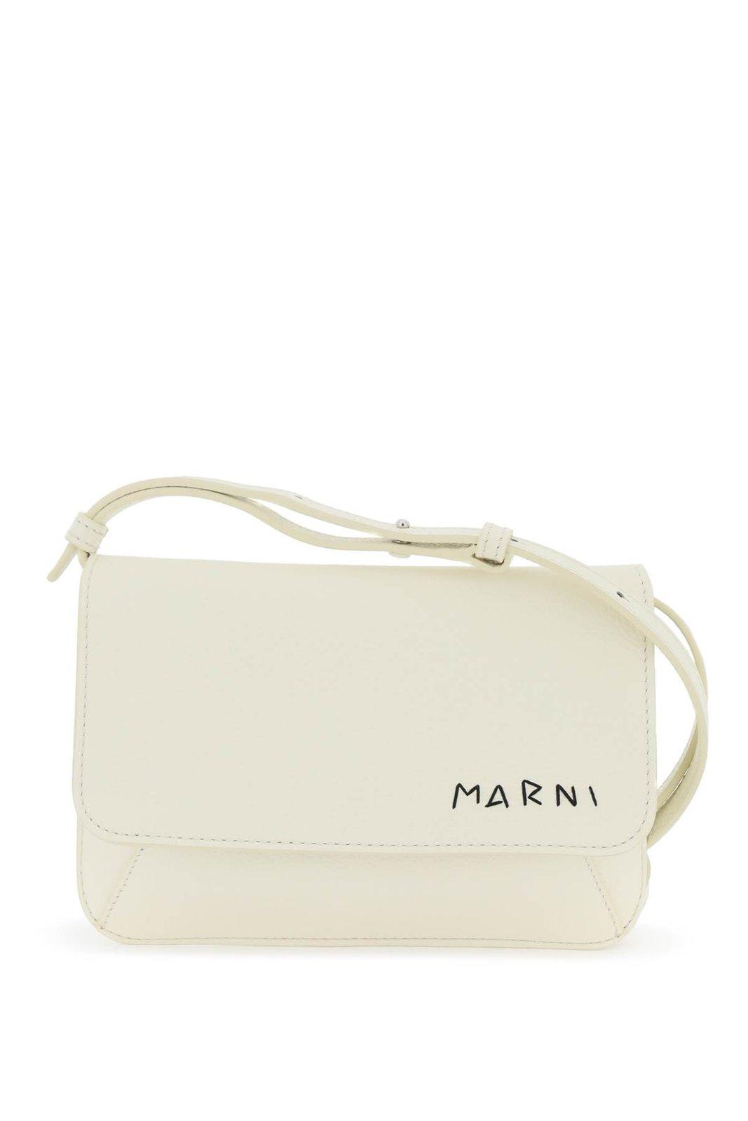 Shop Marni Logo Embroidered Foldover Top Shoulder Bag In Ivory