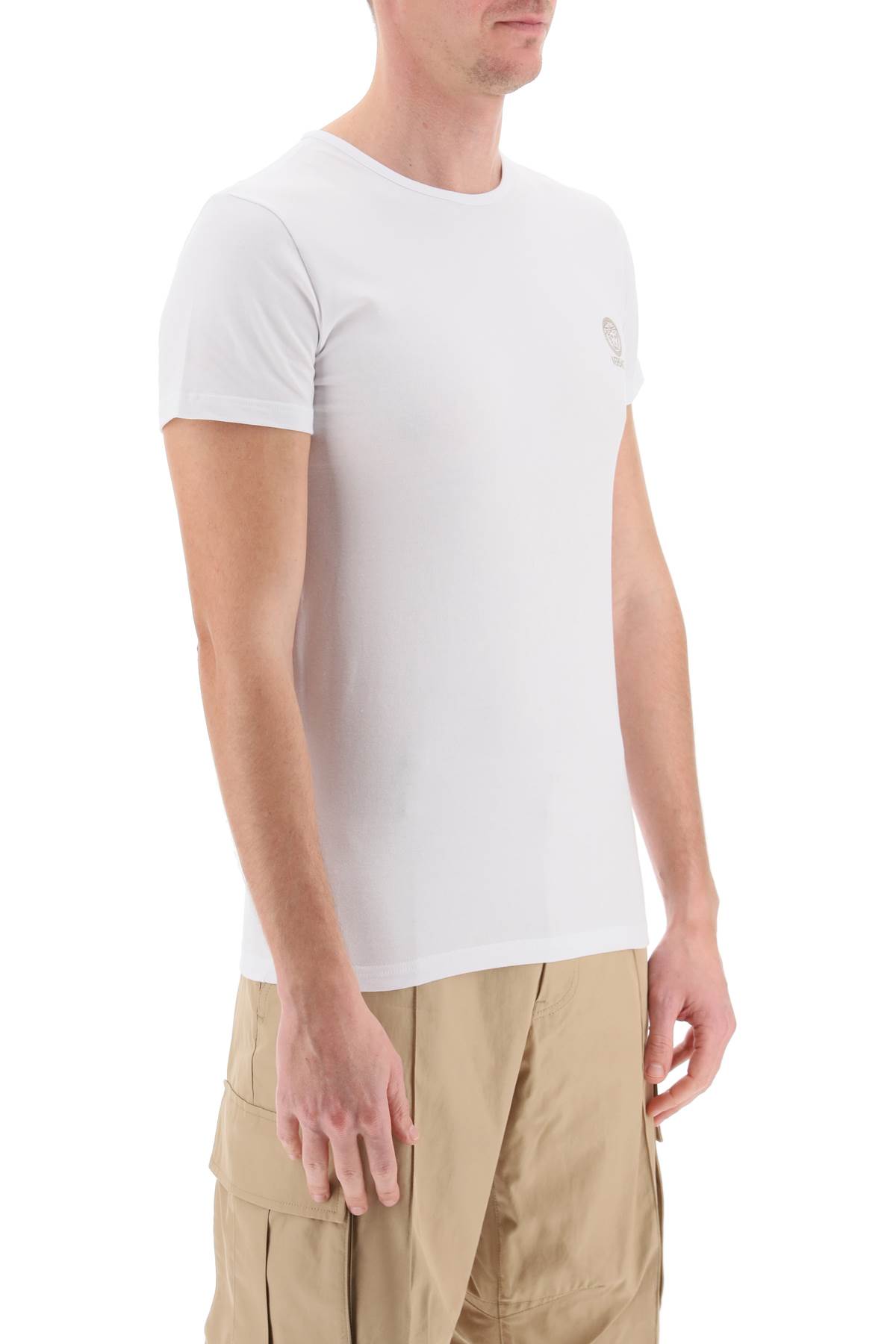 Versace White Crewneck T-shirt With Medusa Print On The Front In Cotton Stretch Man In Optical White