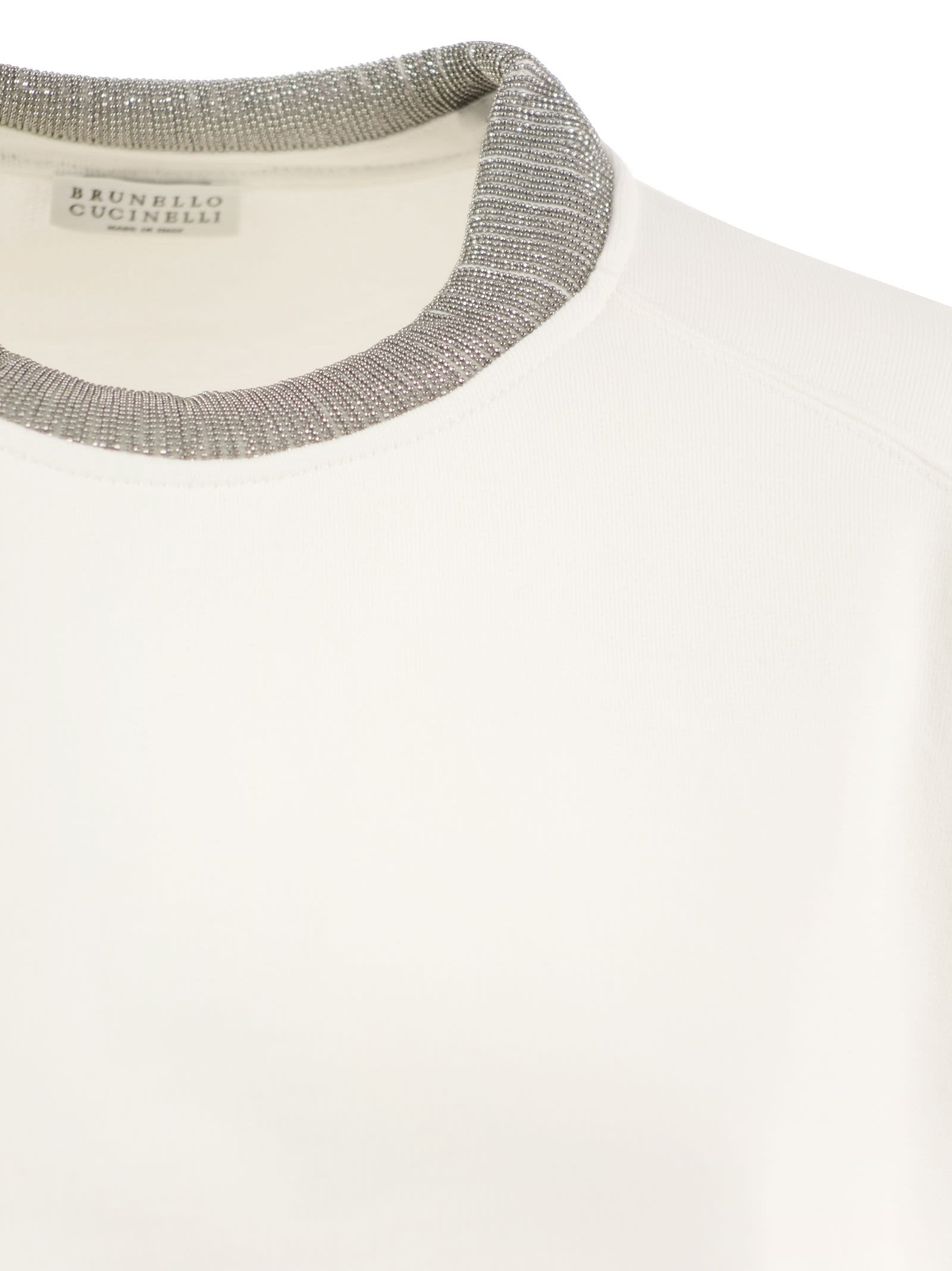 Shop Brunello Cucinelli Smooth Cotton Fleece Topwear With Ribbed Collar Precious In White