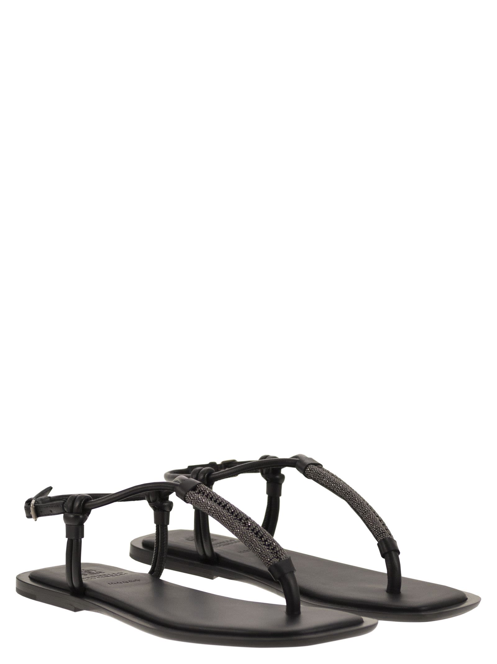 Shop Brunello Cucinelli Leather Sandals With Precious Braided Straps In Nero (black)
