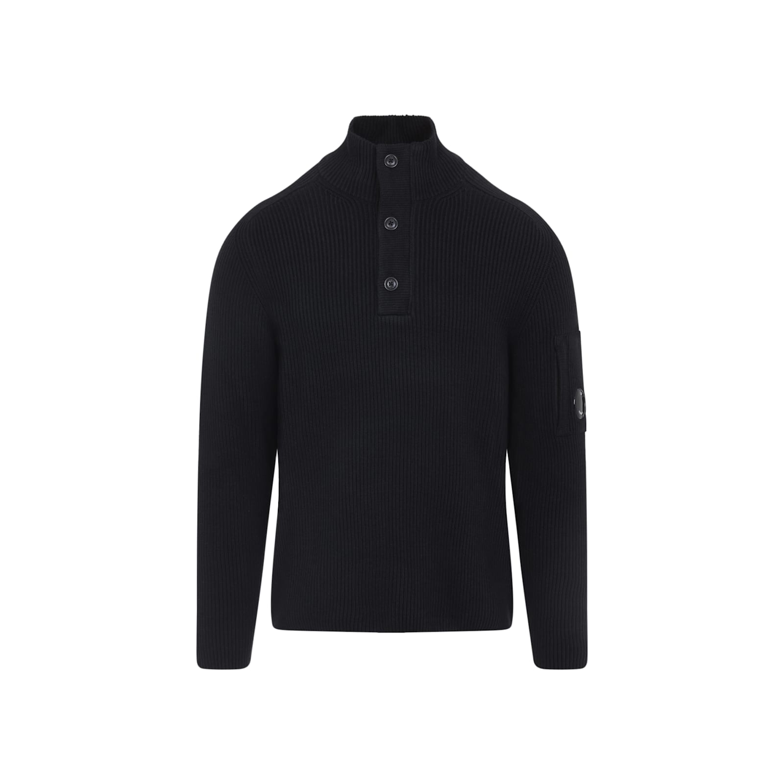 C.p. Company C.p.company Ribbed Sweater With Lens Pocket In Black