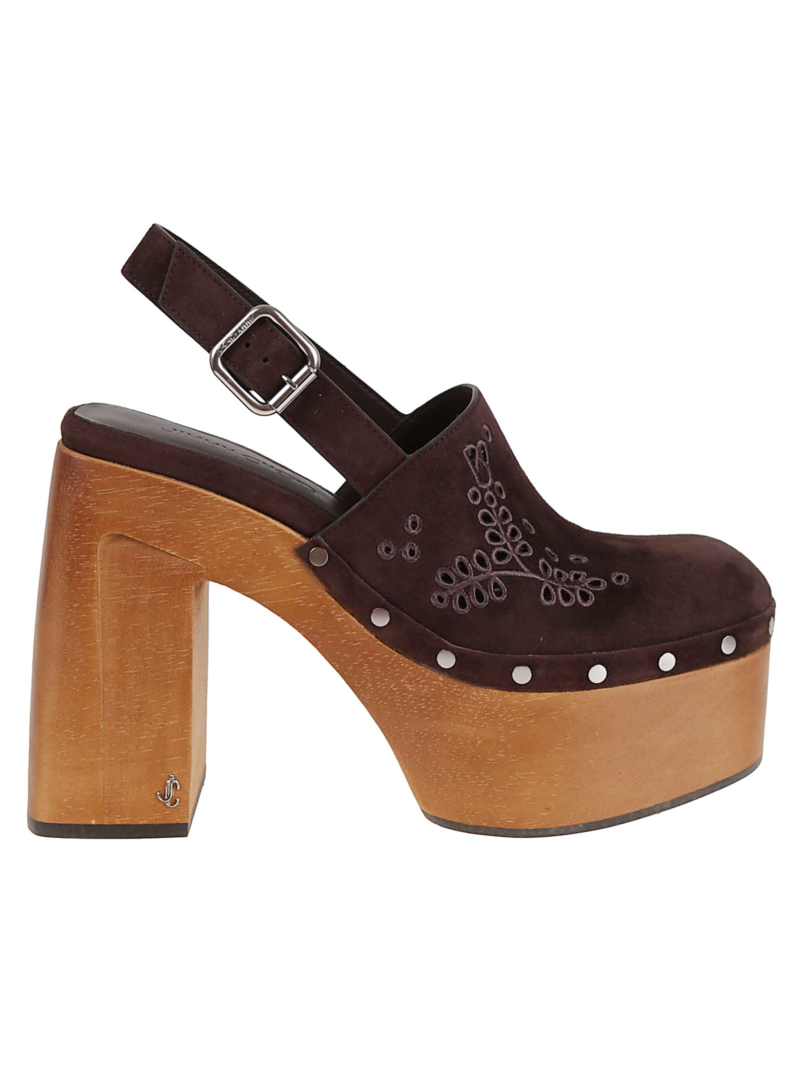 Jimmy Choo Chunky Heel Embroidered Studded Clog In Brown