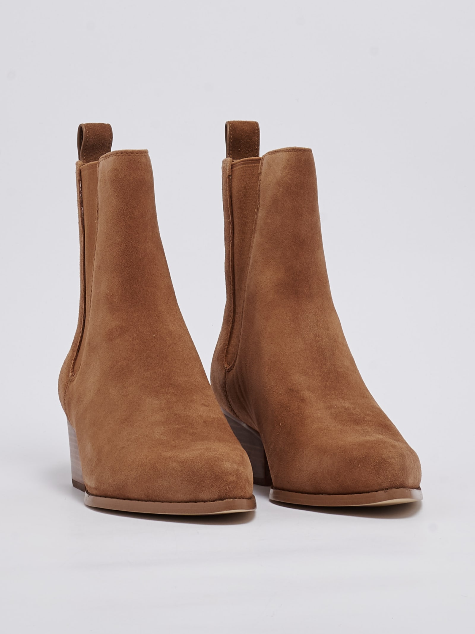 Michael Kors Women's Kinlee Pointed Toe Black Stretch Block Heel Booties In Brown
