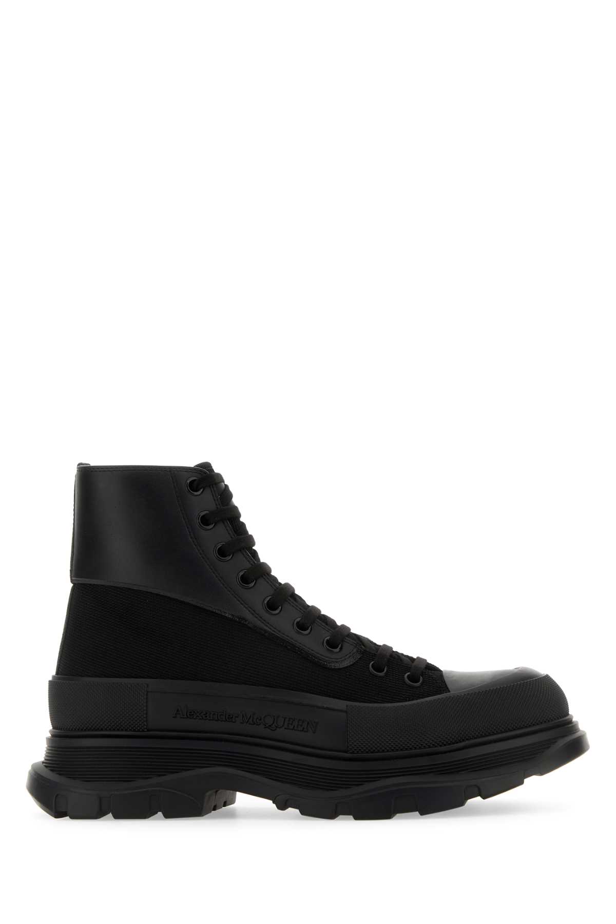 Shop Alexander Mcqueen Black Canvas And Leather Boxer Ankle Boots In Blackof.whitesilve