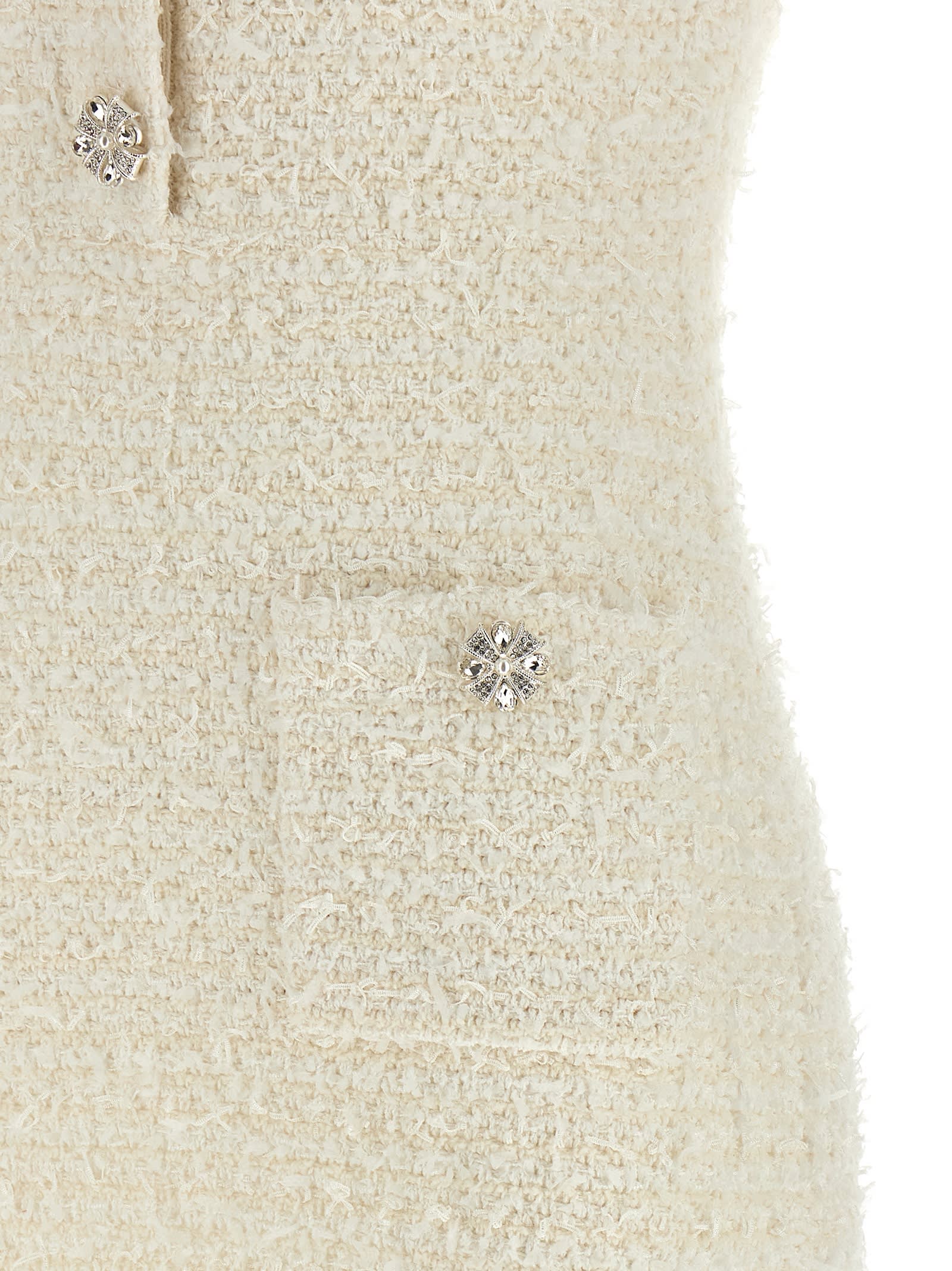 Self-portrait Mini Dress With Knit Tweed Texture And Crystal Accents In Neutral