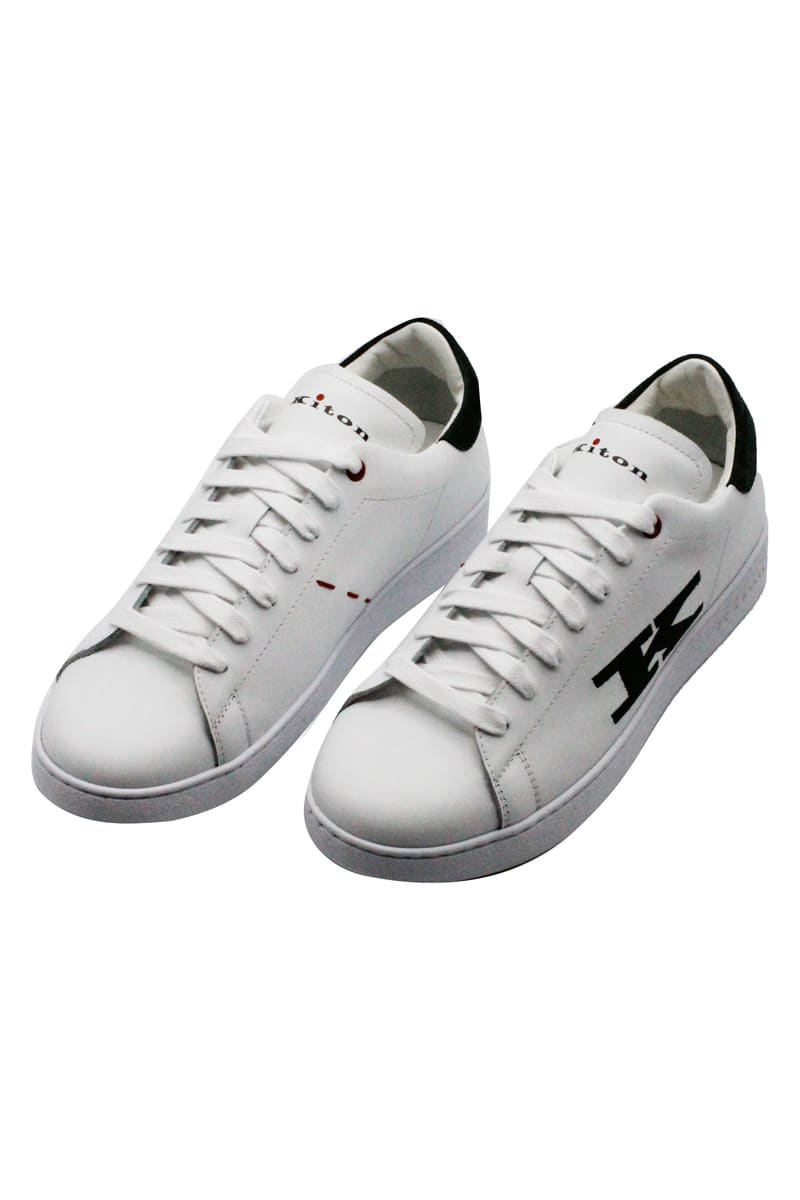 Shop Kiton Sneackers Shoe In Leather With Suede Trims And With Contrasting Stitching. In White
