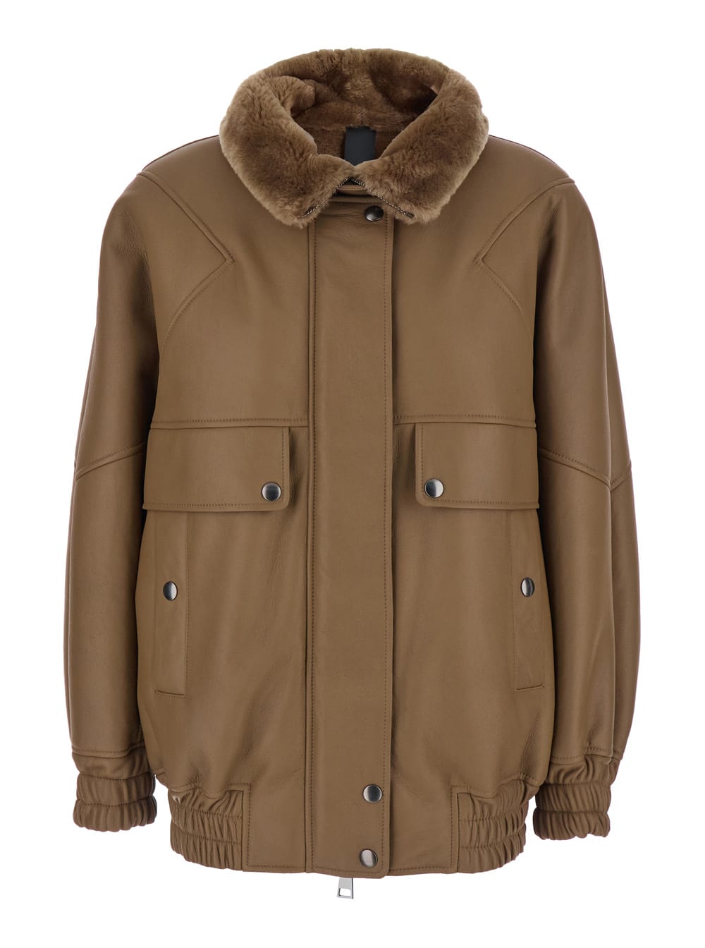 Blancha Brown Bomber Jacket With Fur Collar And Patch Pockets In Leather Woman In Brown
