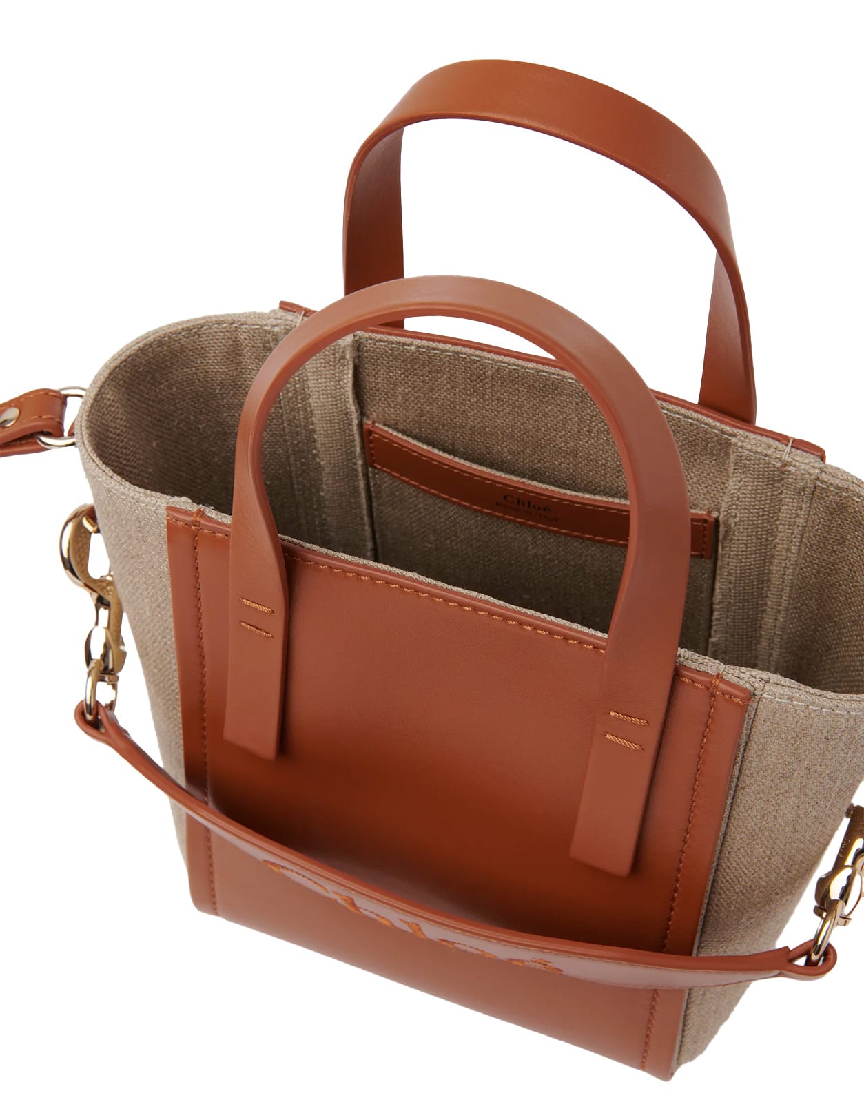 Shop Chloé Natural Linen And Caramel Leather Sense Bag In Brown