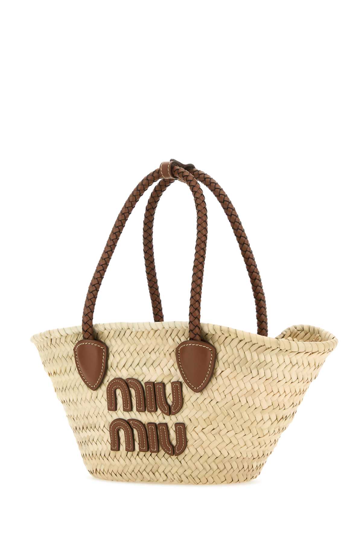 Miu Miu Woven Palm Shopping Tote With Braided Handles In Gold