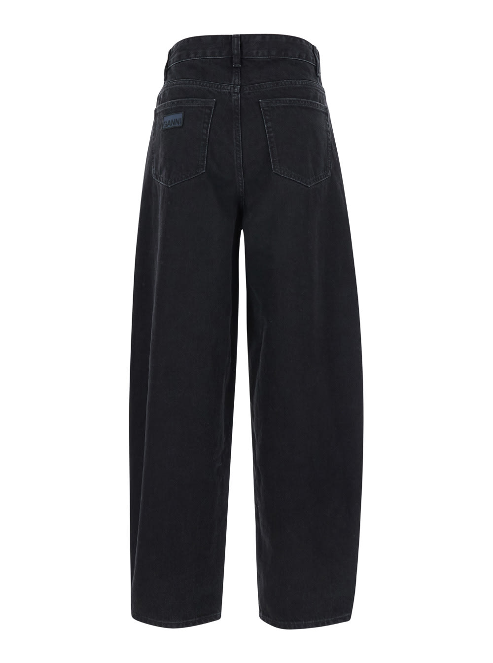 Shop Ganni Black Pants With High Waist And Logo Patch On The Rear In Cotton Woman