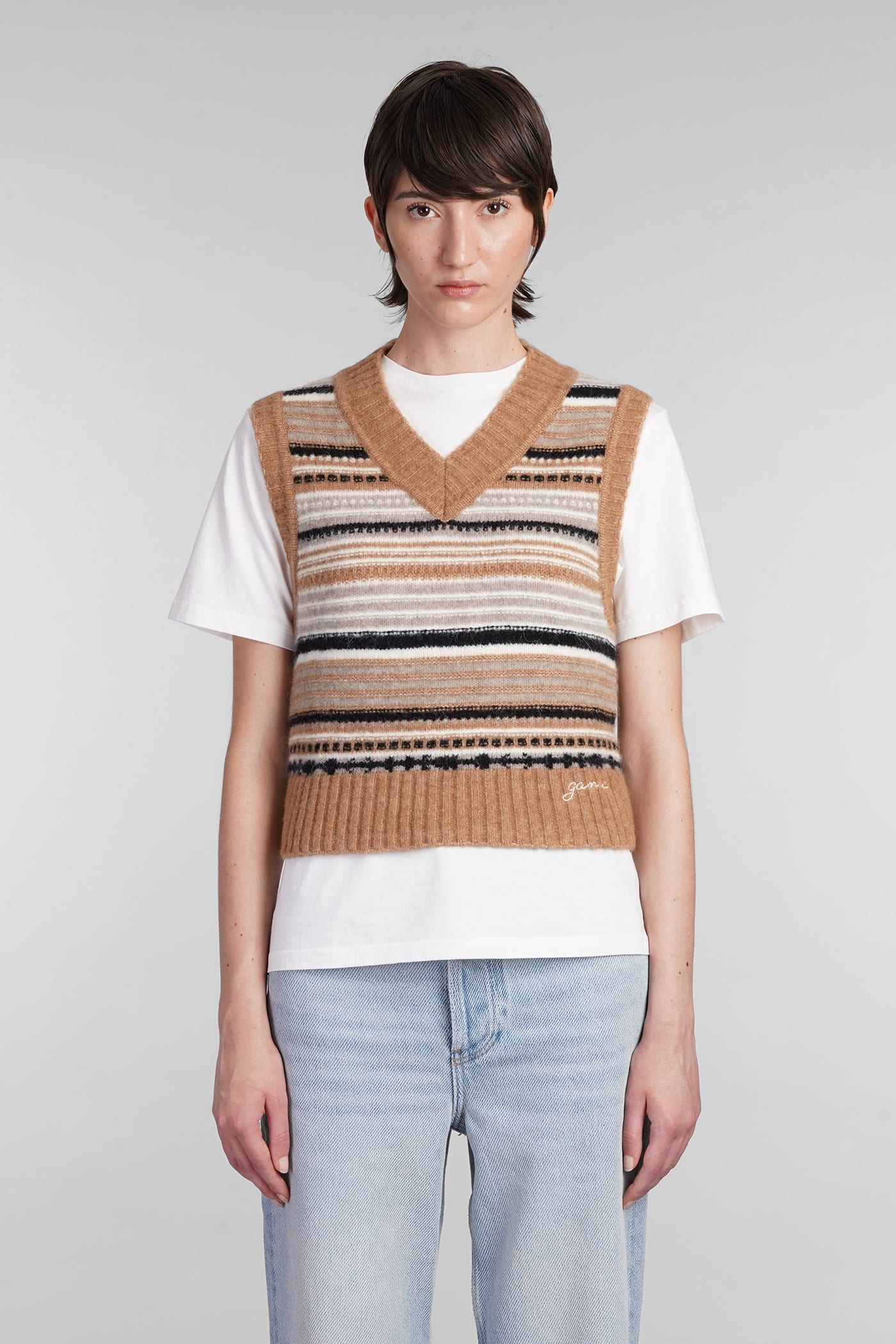 Shop Ganni Vest In Beige Wool