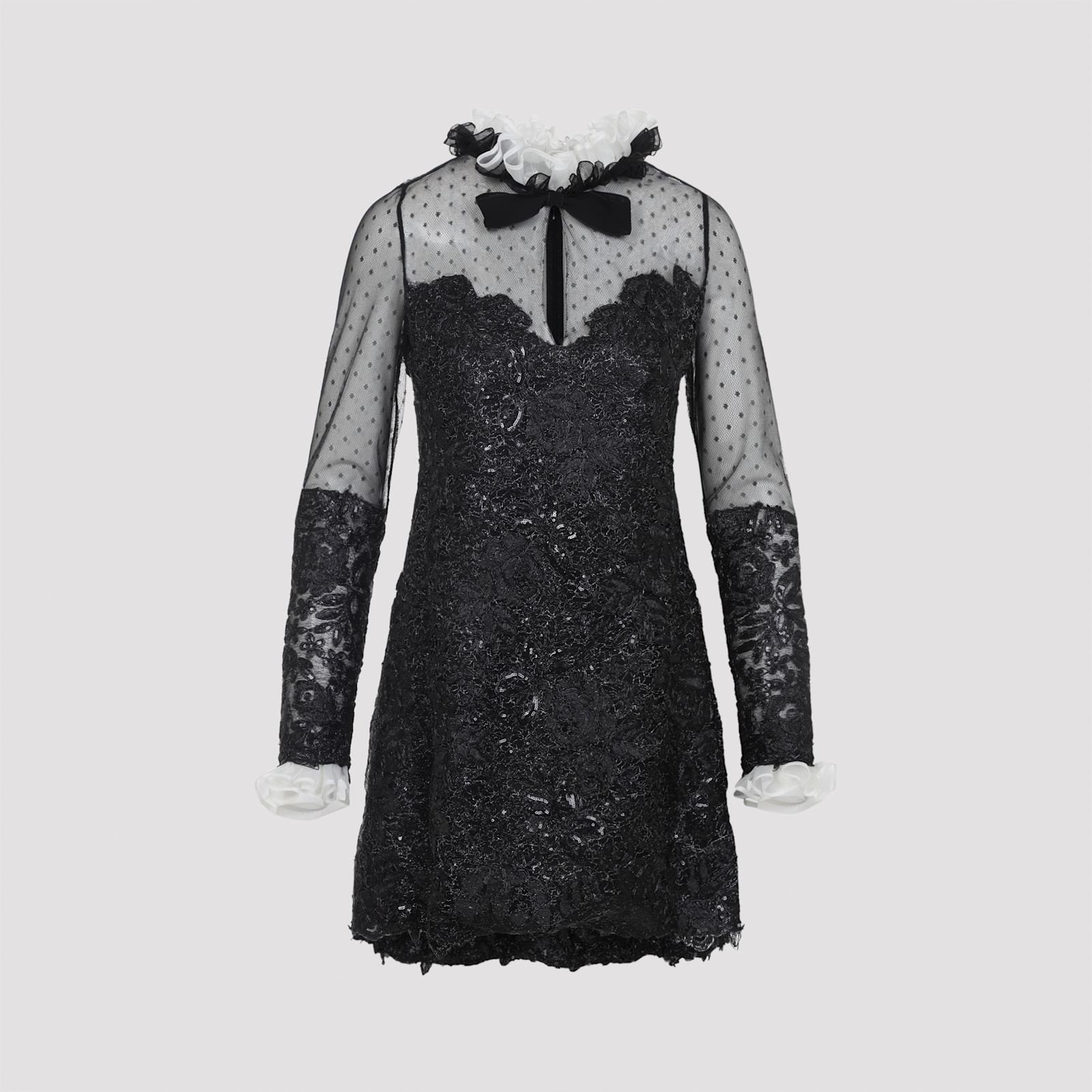 Giambattista Valli Sheer Sleeve Polka Dot Mini Dress In Black