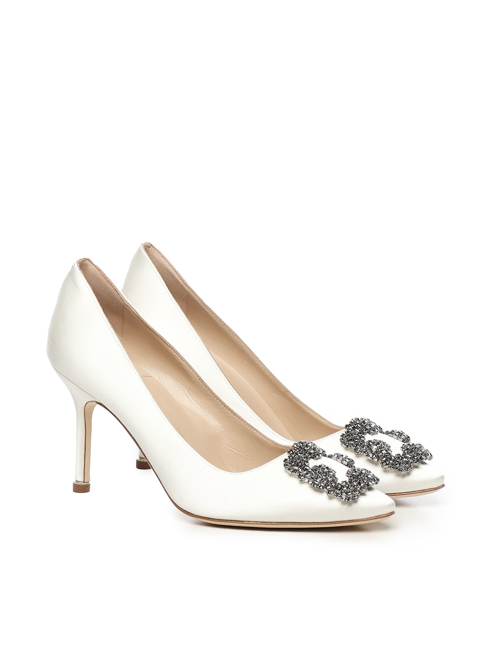 Manolo Blahnik Hangisi Pumps With White Satin Jeweled Buckle In White