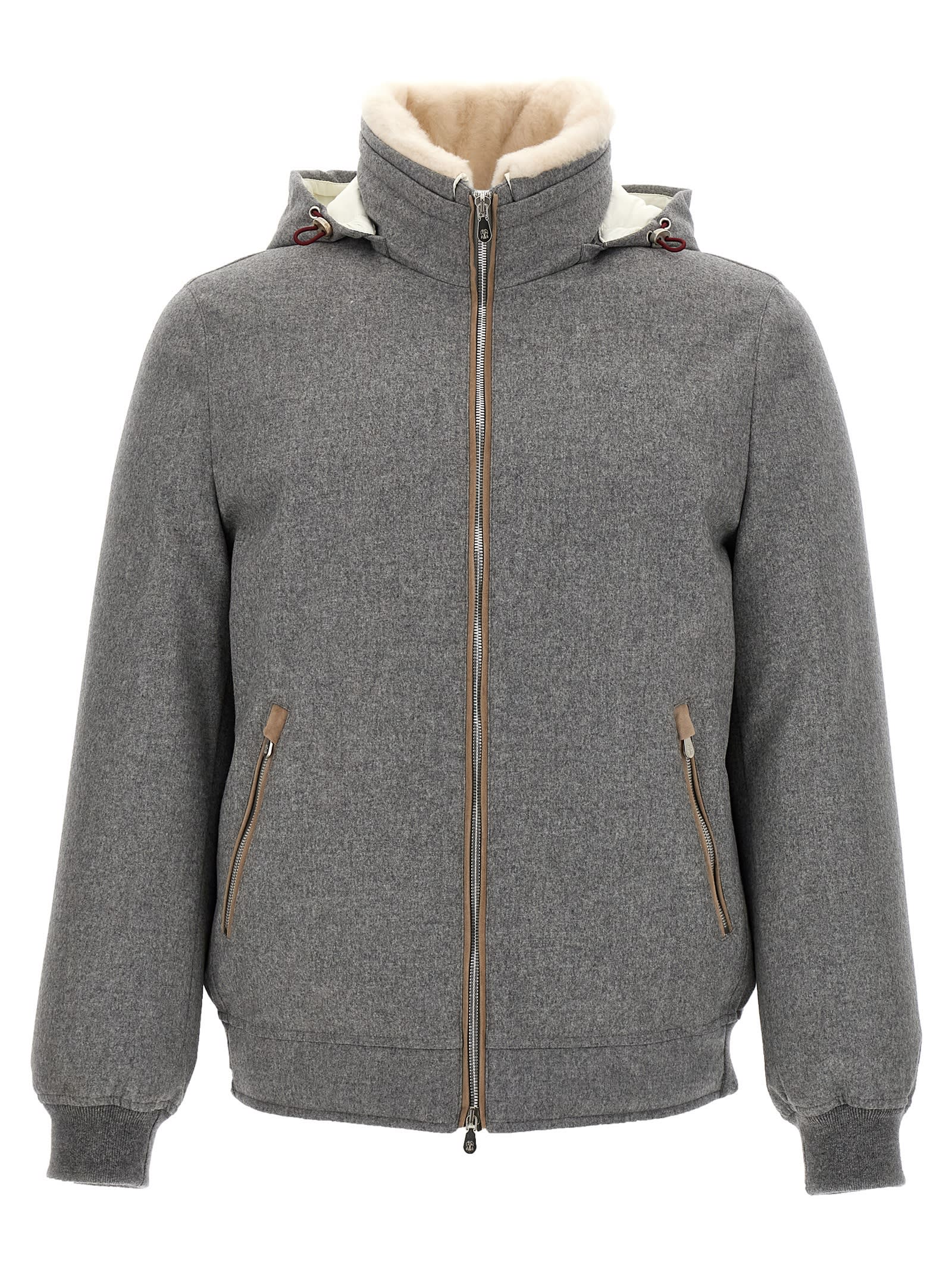 Brunello Cucinelli Men Membranated Wool Flannel Down Jacket With Shearling-lined Collar In Gray