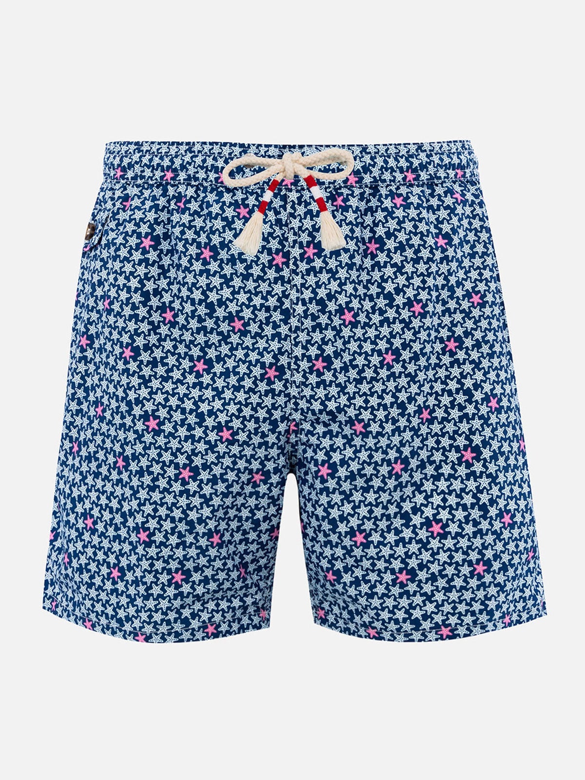 Mc2 Saint Barth Man Lightweight Fabric Swim-shorts Lighting 70 With Starfishes Print In Blue