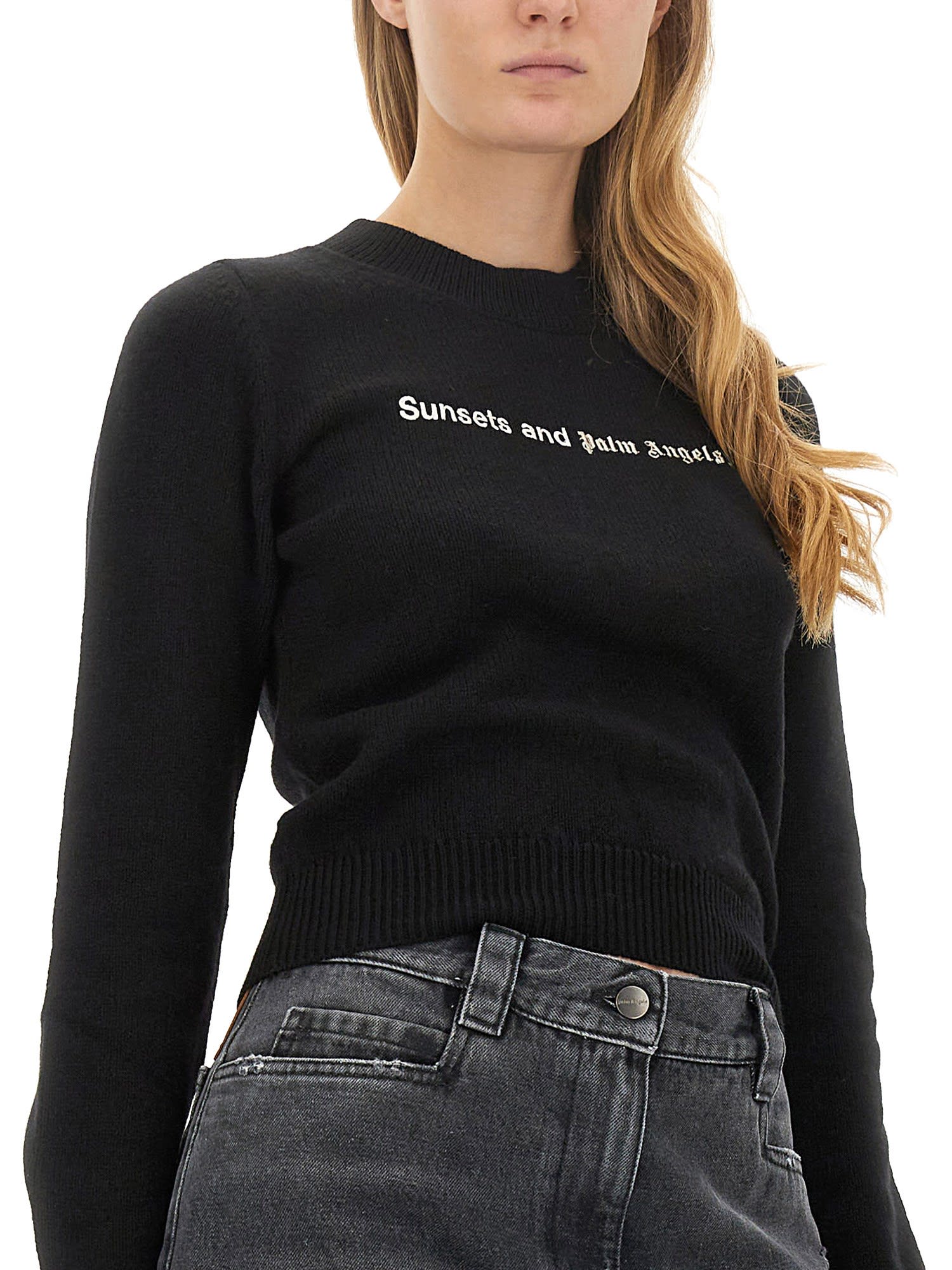Palm Angels Sunsets-embroidered Merino-blend Jumper In Nero