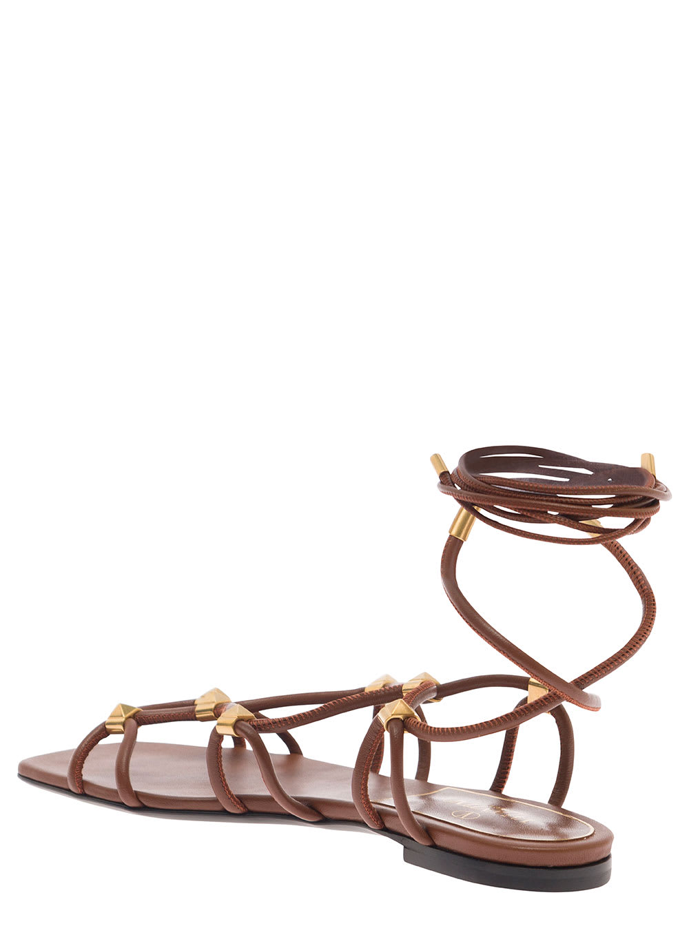Shop Valentino Brown Flat Sandals With Signature Studs And Ankle Strap In Leather Woman