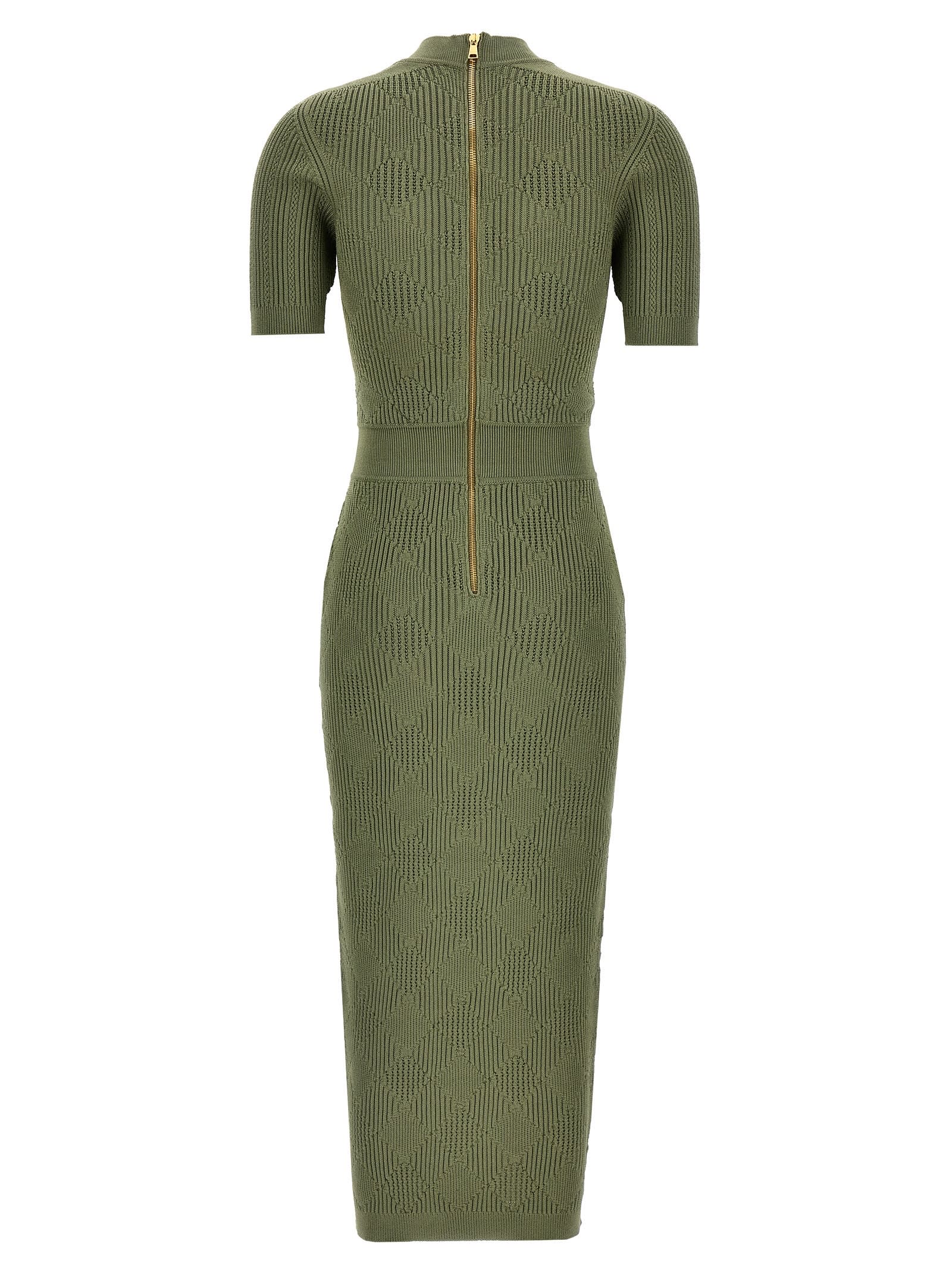 Shop Balmain Openwork Knit Dress In Green