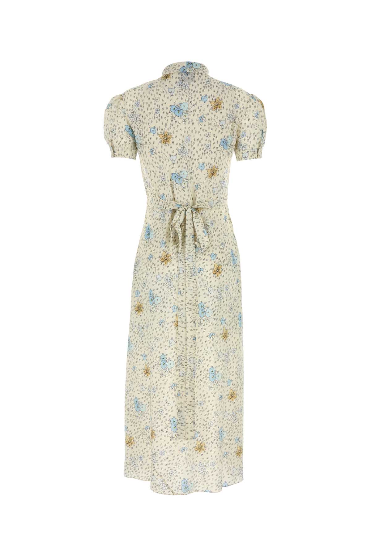 Miu Miu Silk Dress With Floral Print And Tie Waist In Multi