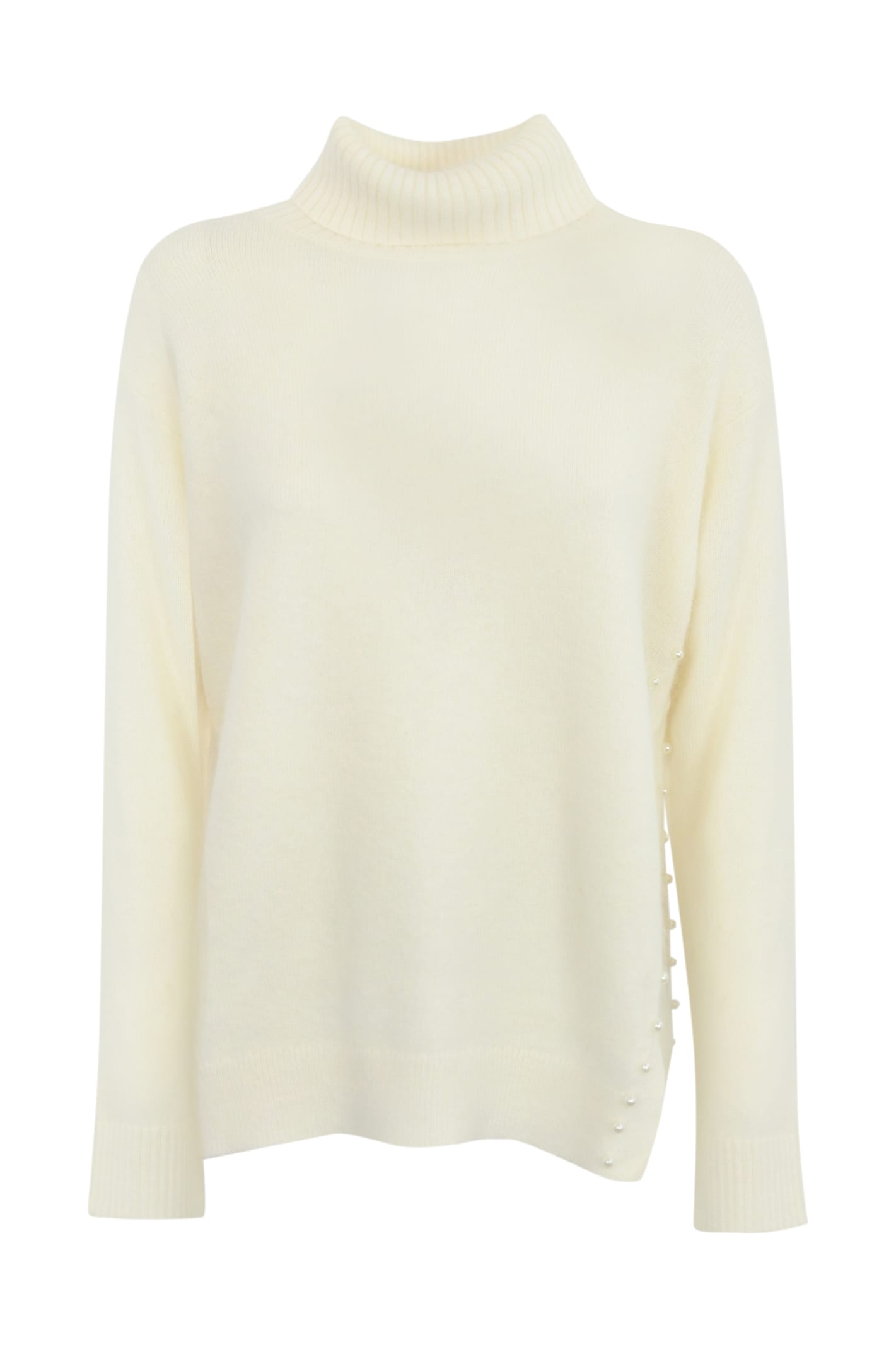 Angora Blend Turtleneck Sweater With Pearls