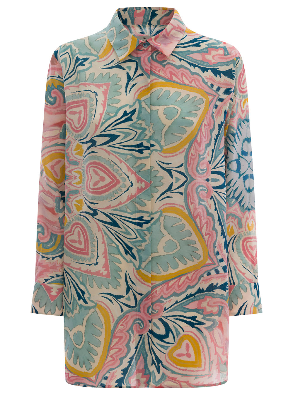 ETRO LIGHT BLUE SHIRT WITH MULTIcolourED GRAPHIC PRINTED PATTERN ALL-OVER IN SILK WOMAN