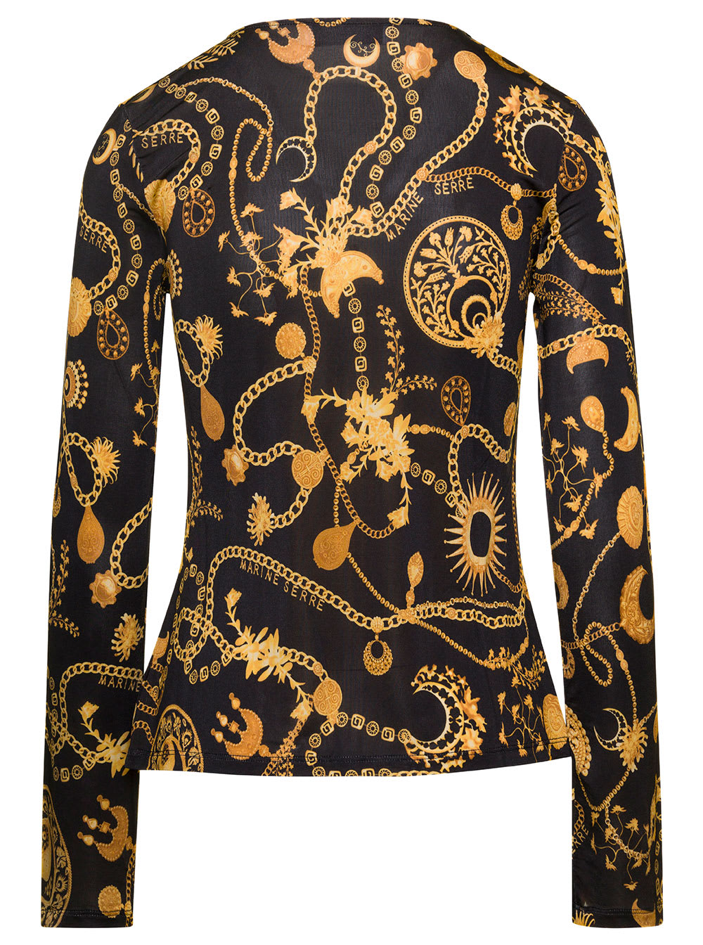 Shop Marine Serre Black Blouse With All-over Graphic Print And Gathering Detail In Stretch Viscose Woman