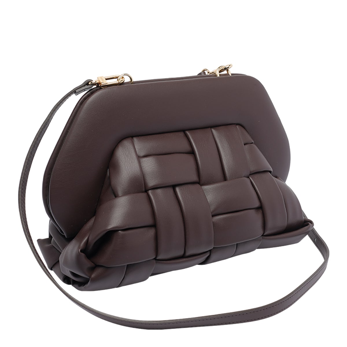 Themoirè Tia Ebony Clutch Bag With Woven Motif And Shoulder Strap In Brown