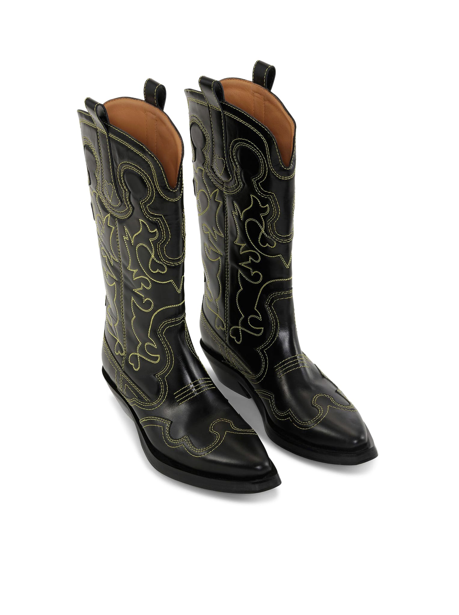 Shop Ganni Mid Shaft Embroidered Western Boot Yellow St In Black