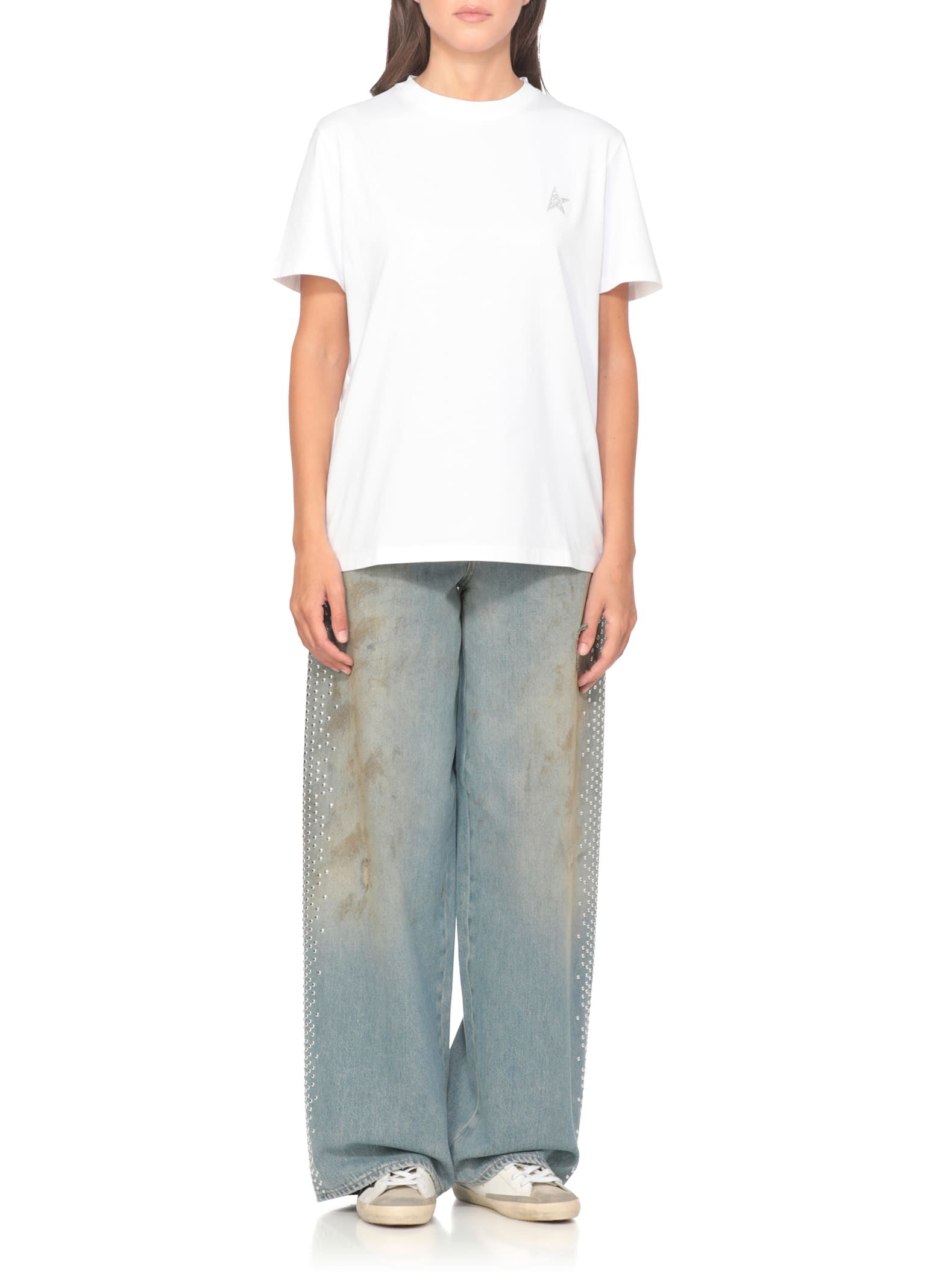 Golden Goose Star Collection T-shirt With Glittered Star On The Front In White
