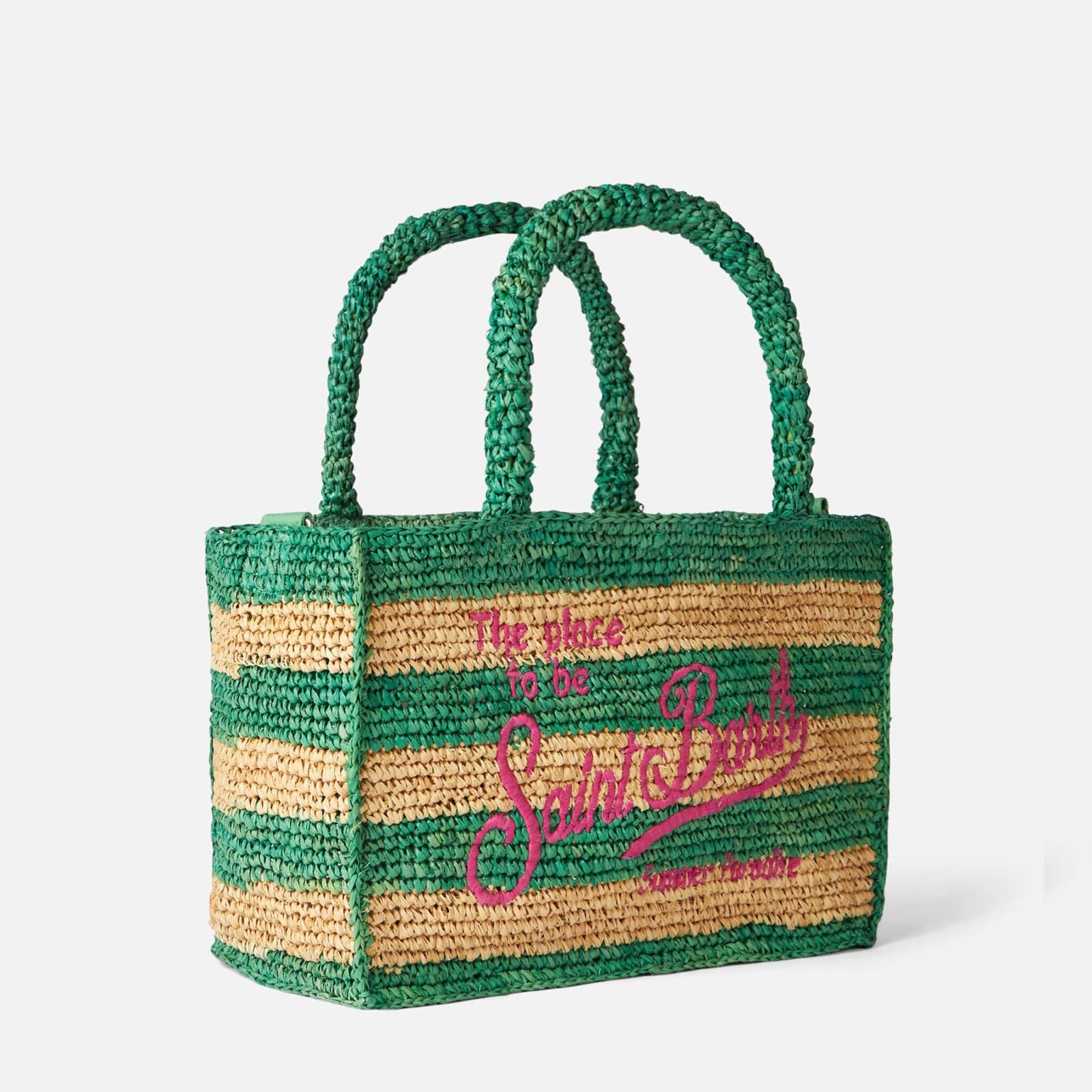 Shop Mc2 Saint Barth Colette Raffia Handbag With White And Green Stripes
