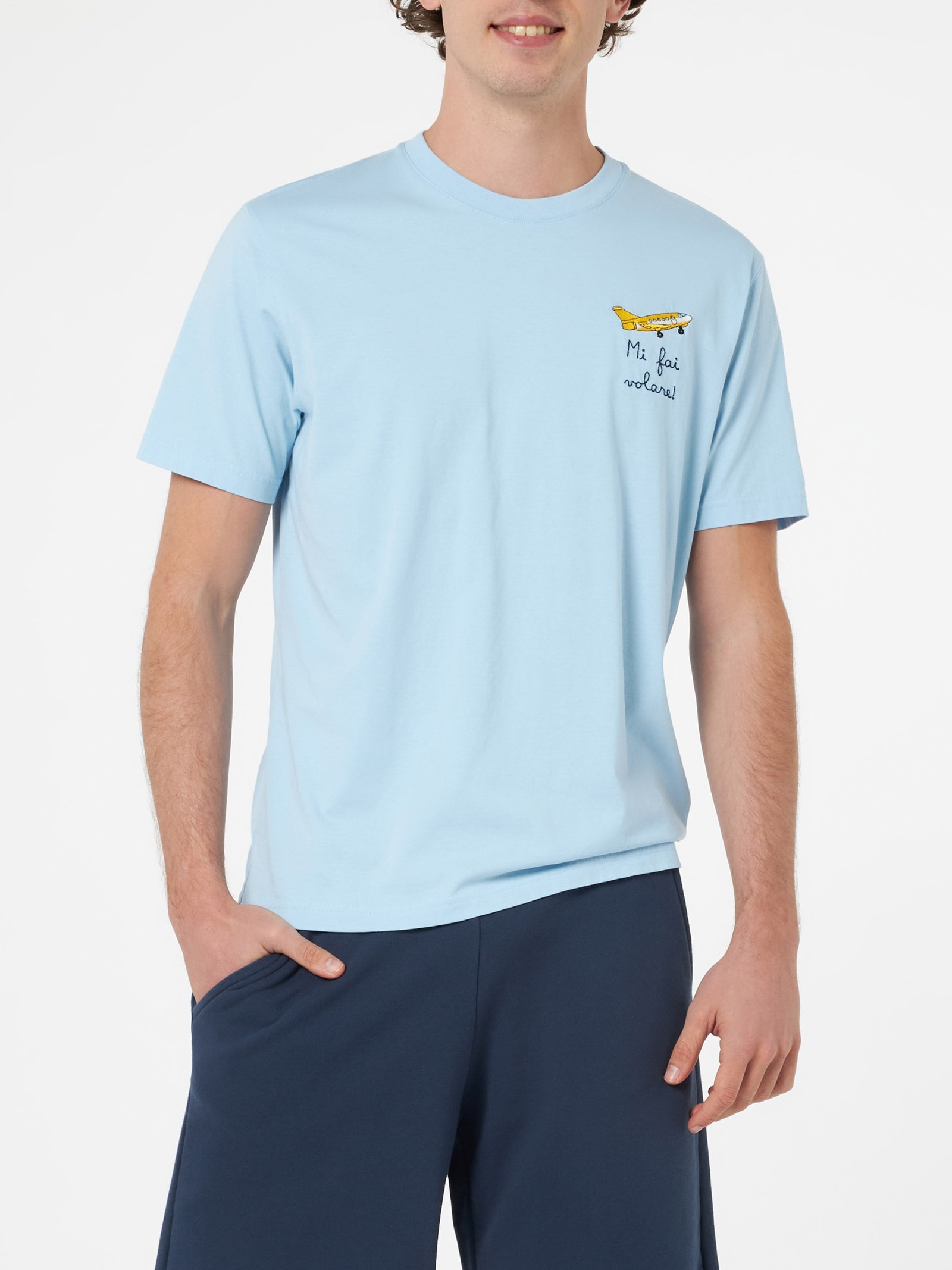 Mc2 Saint Barth Man Classic Fit Cotton Jersey T-shirt Portofino With Mi Fai Volare Embroidery In Sky