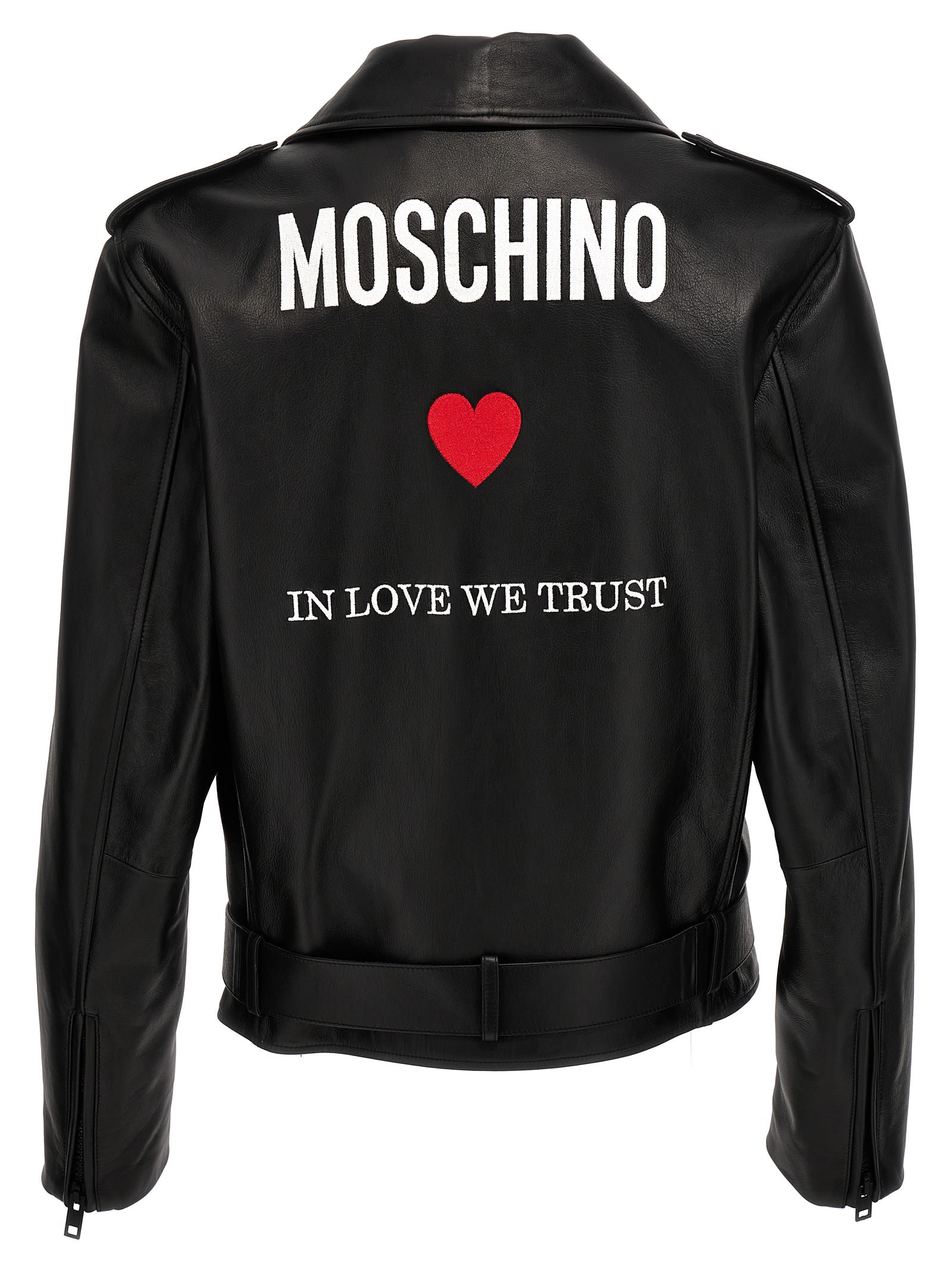 Shop Moschino In Love We Trust Leather Jacket In Black