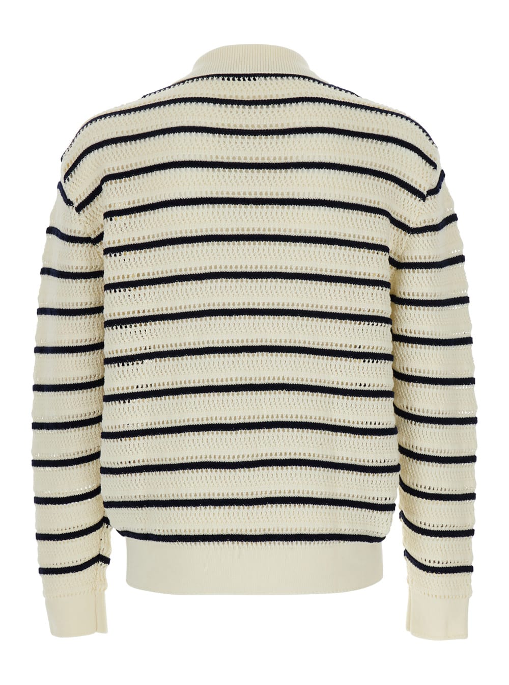 Dunst White Knitted Cardigan With Wide Collar And All-over Stiped Motif In Cotton Man In White