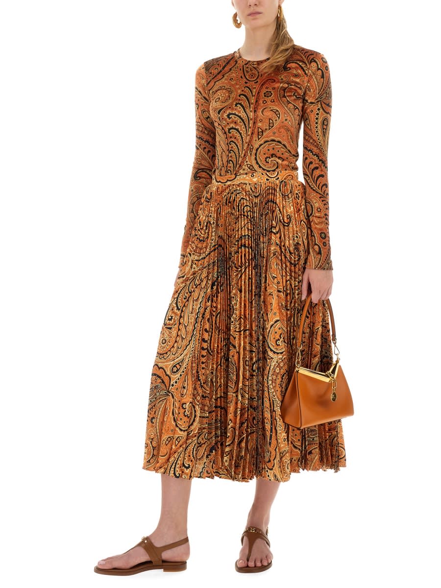 Etro Midi Paisley-print Pleated Skirt In Orange