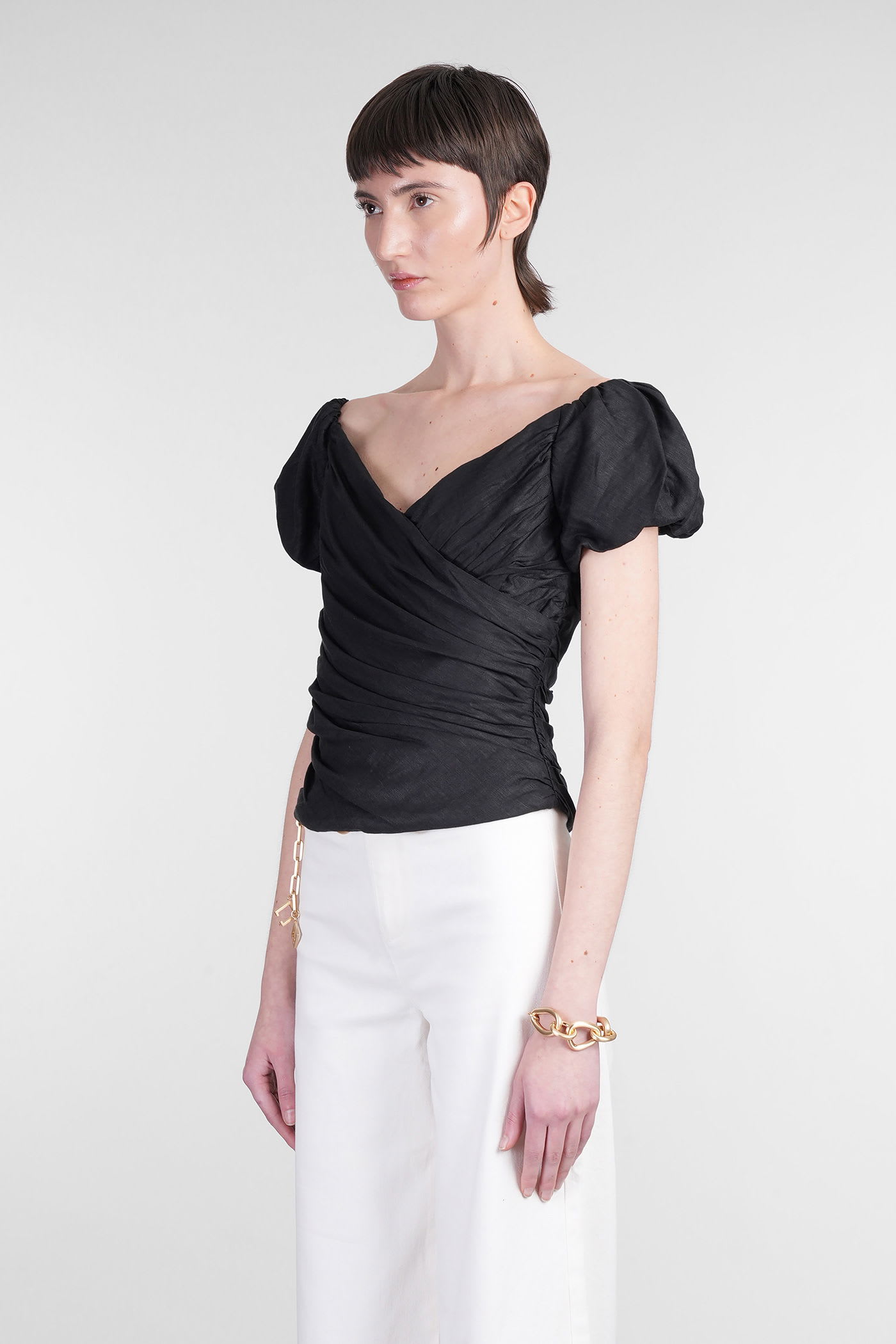 Cult Gaia Helene Ruched Linen-blend Off-the-shoulder Top