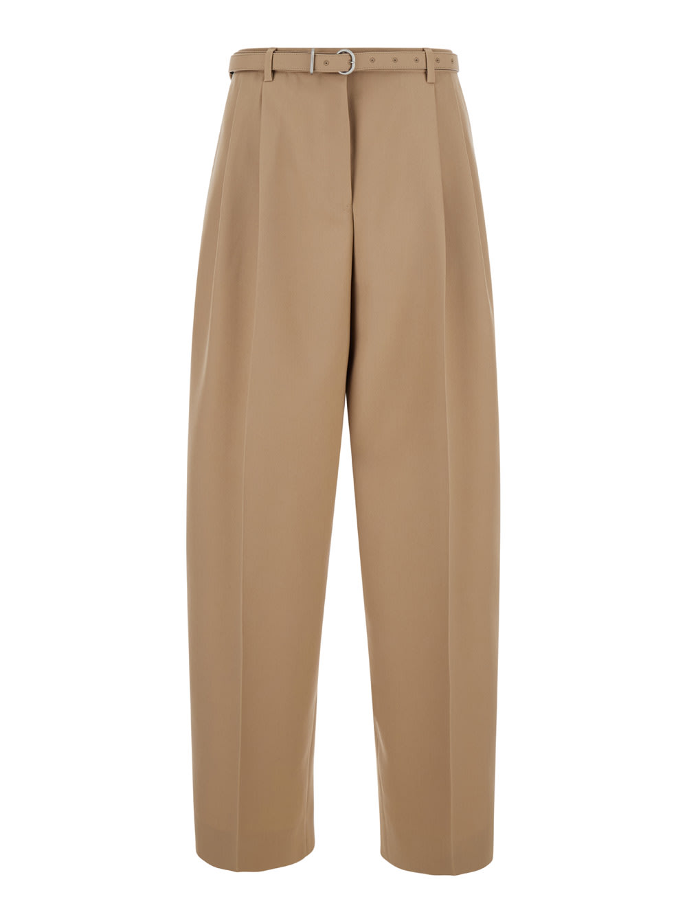 Shop Jil Sander Beige Pants With High Waist And Belt And Pences On The Front In Cotton Woman