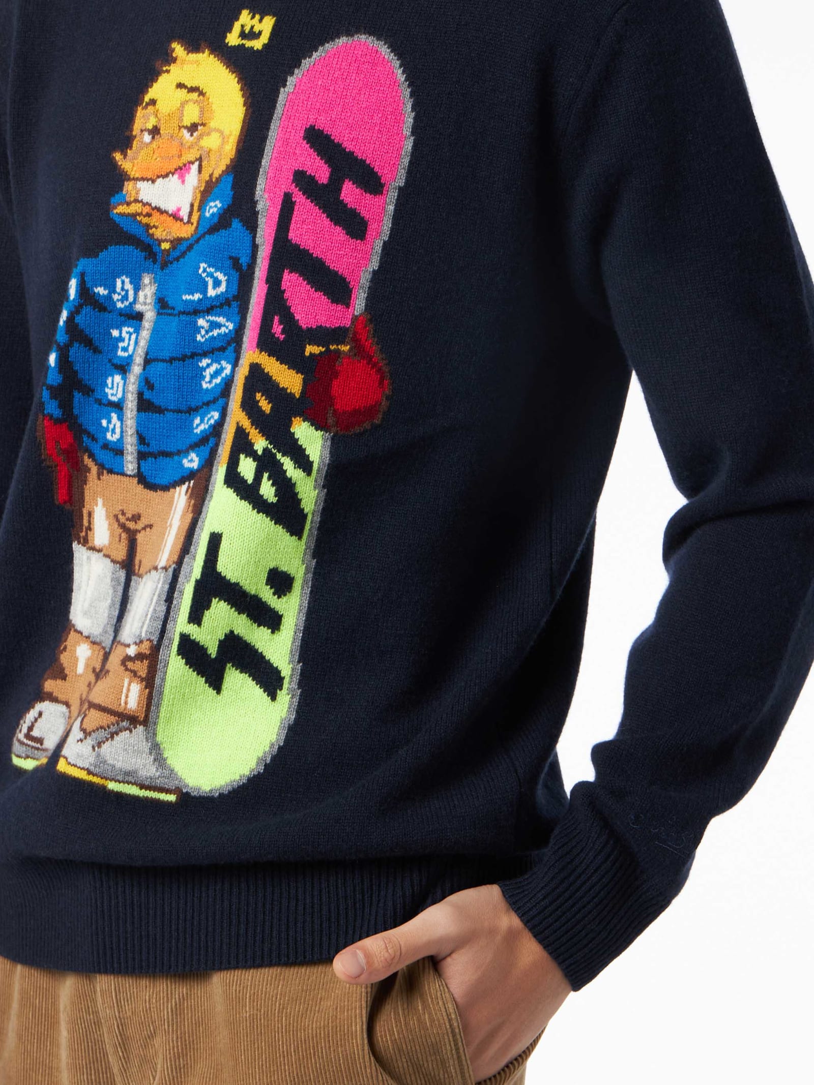 Shop Mc2 Saint Barth Man Crewneck Sweater With Crypto Ducky Jacquard Print Crypto Puppets Special Edition In Blue