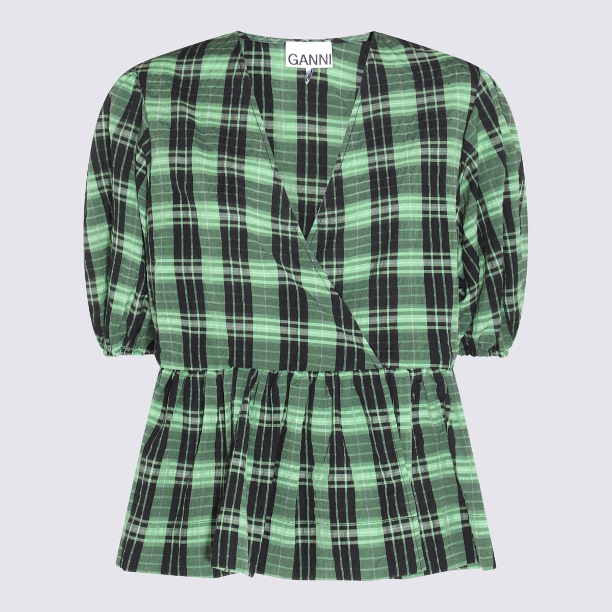 Ganni Green And Black Cotton Blend Shirt In Peapod